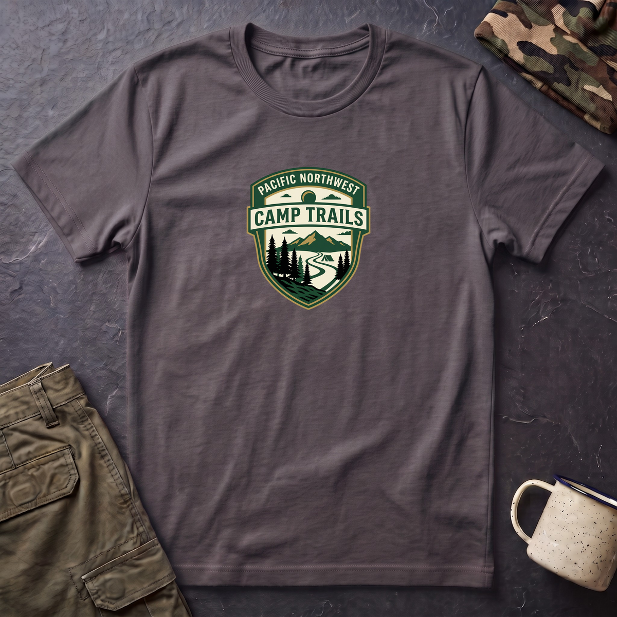 Camp Trails badge T-Shirt | Mountain camping logo, forest trail emblem