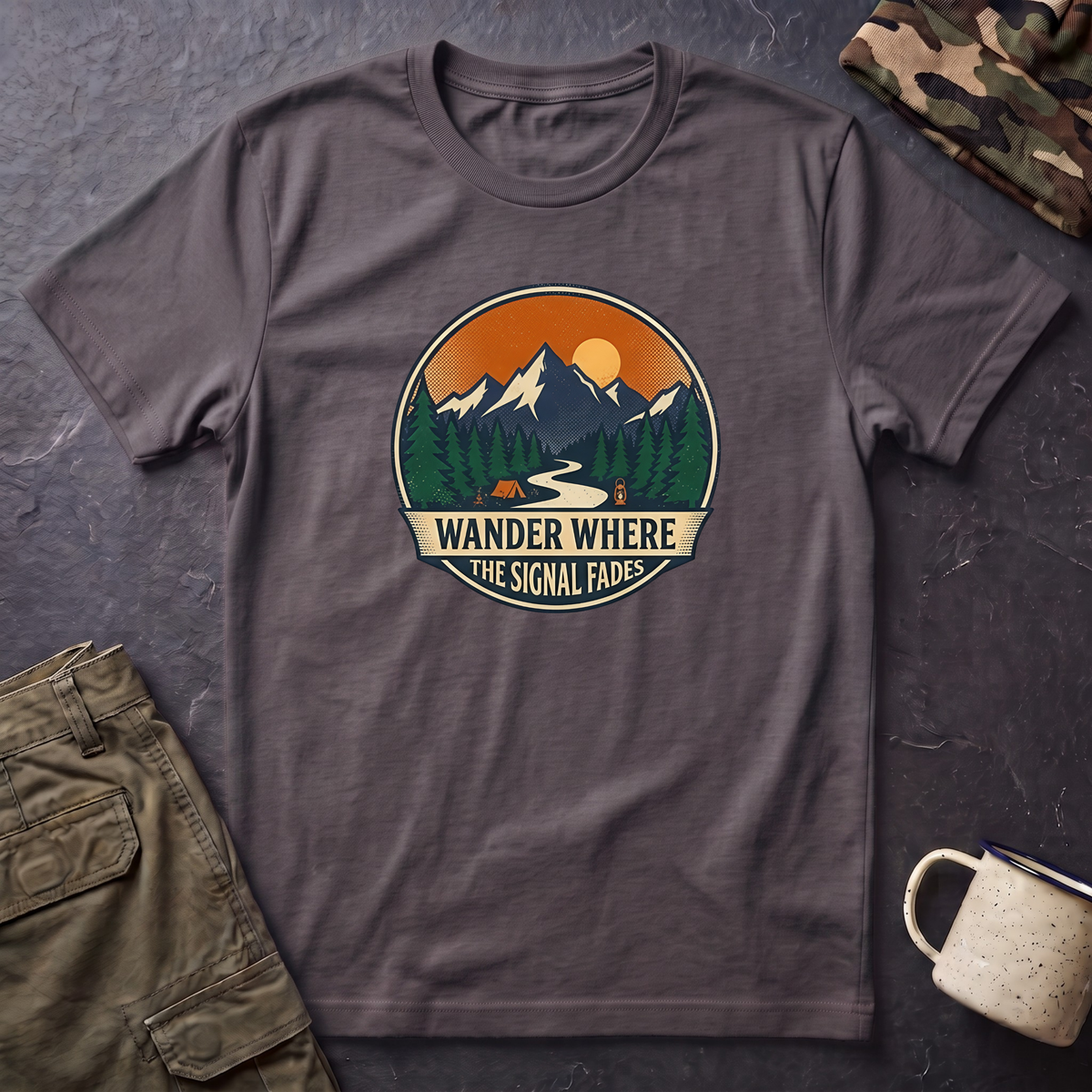 Wander Where The Signal Fades T-Shirt | Mountain Sunset Camping Design