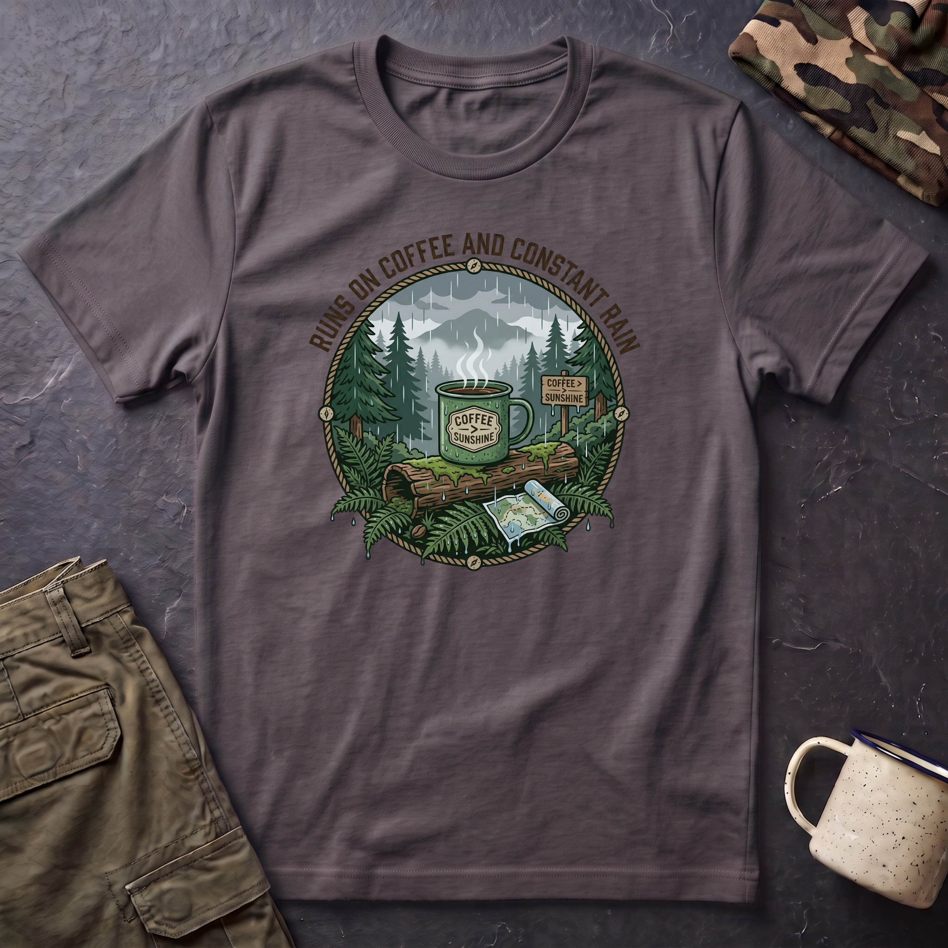 Cozy Camping Coffee Scene T-Shirt | Mountain Mug, Rainy Forest Illustration