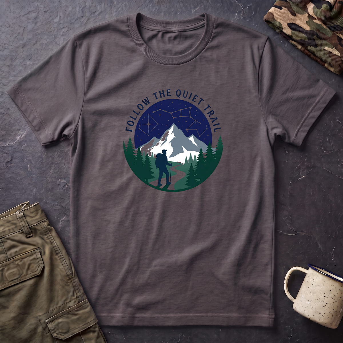 Follow The Quiet Trail Hiking T-Shirt | Mountain Night Sky