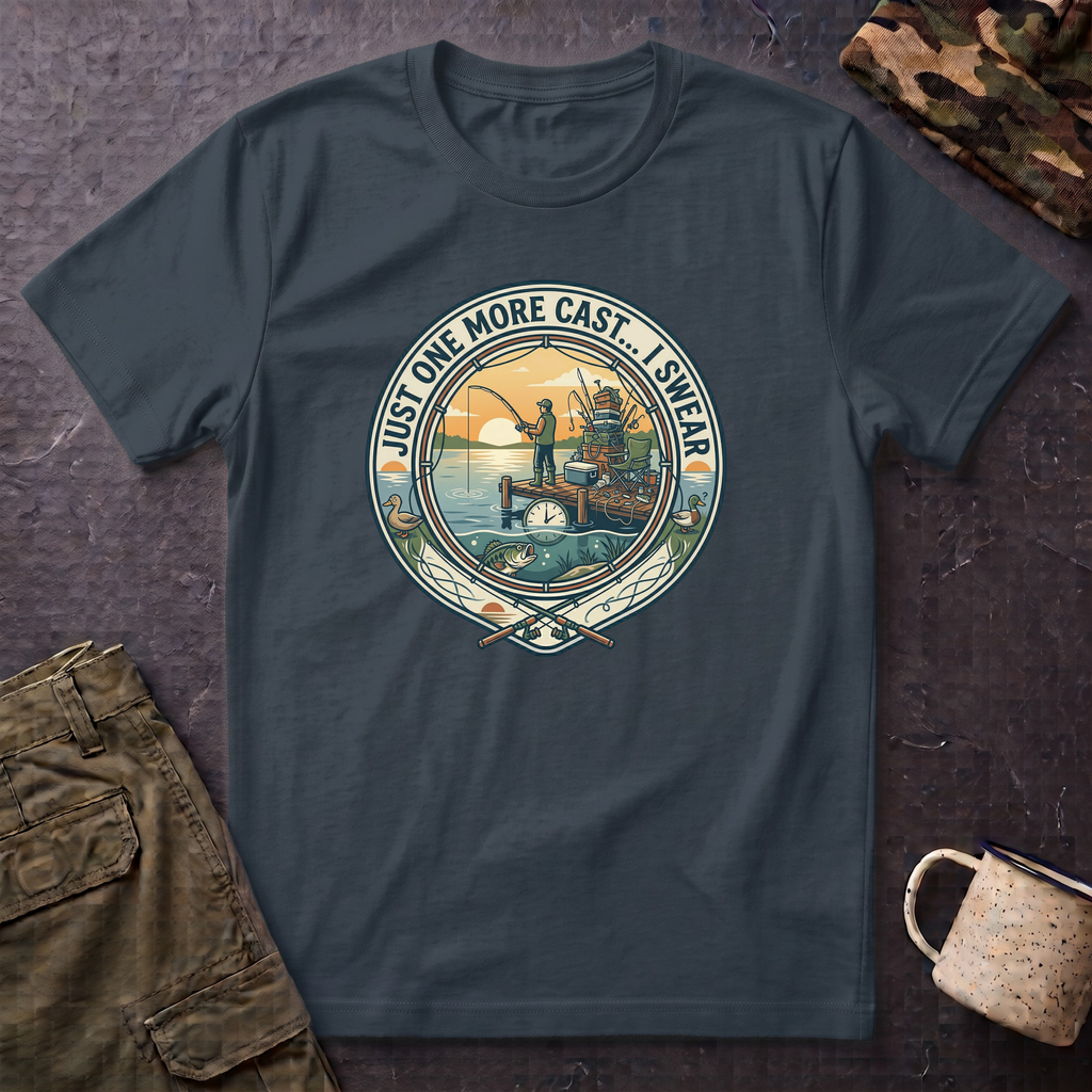Just One More Cast Fishing T-Shirt | Retro Sunset Angler Design