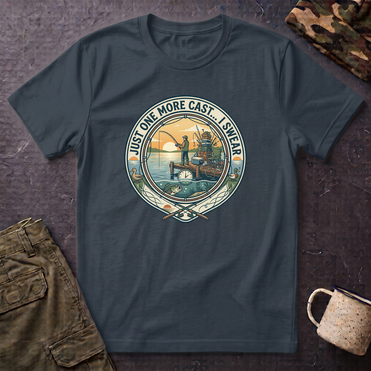 Just One More Cast Fishing T-Shirt | Retro Sunset Angler Design