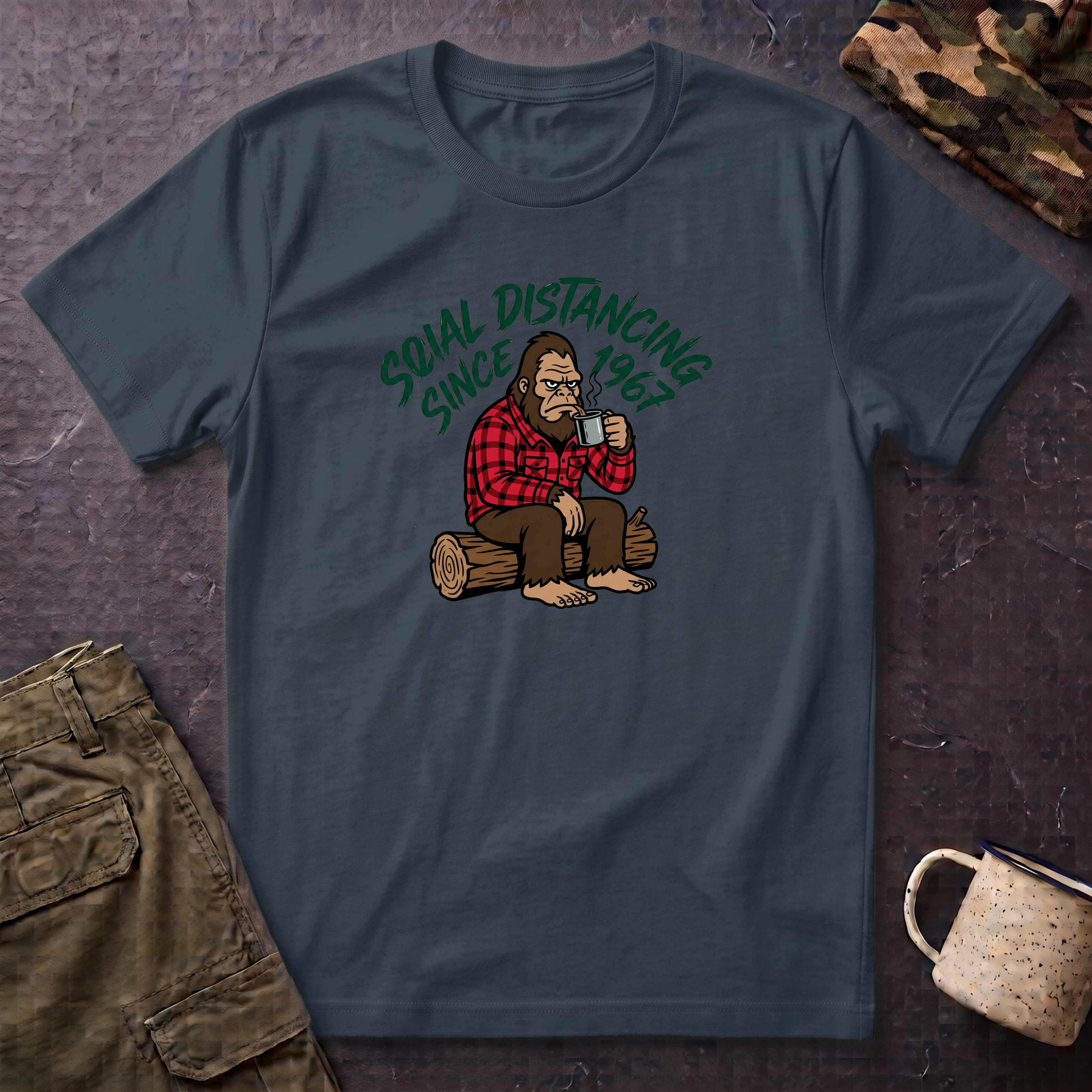 Bigfoot Social Distancing Since 1967 T-Shirt | Sasquatch Lumberjack Tee