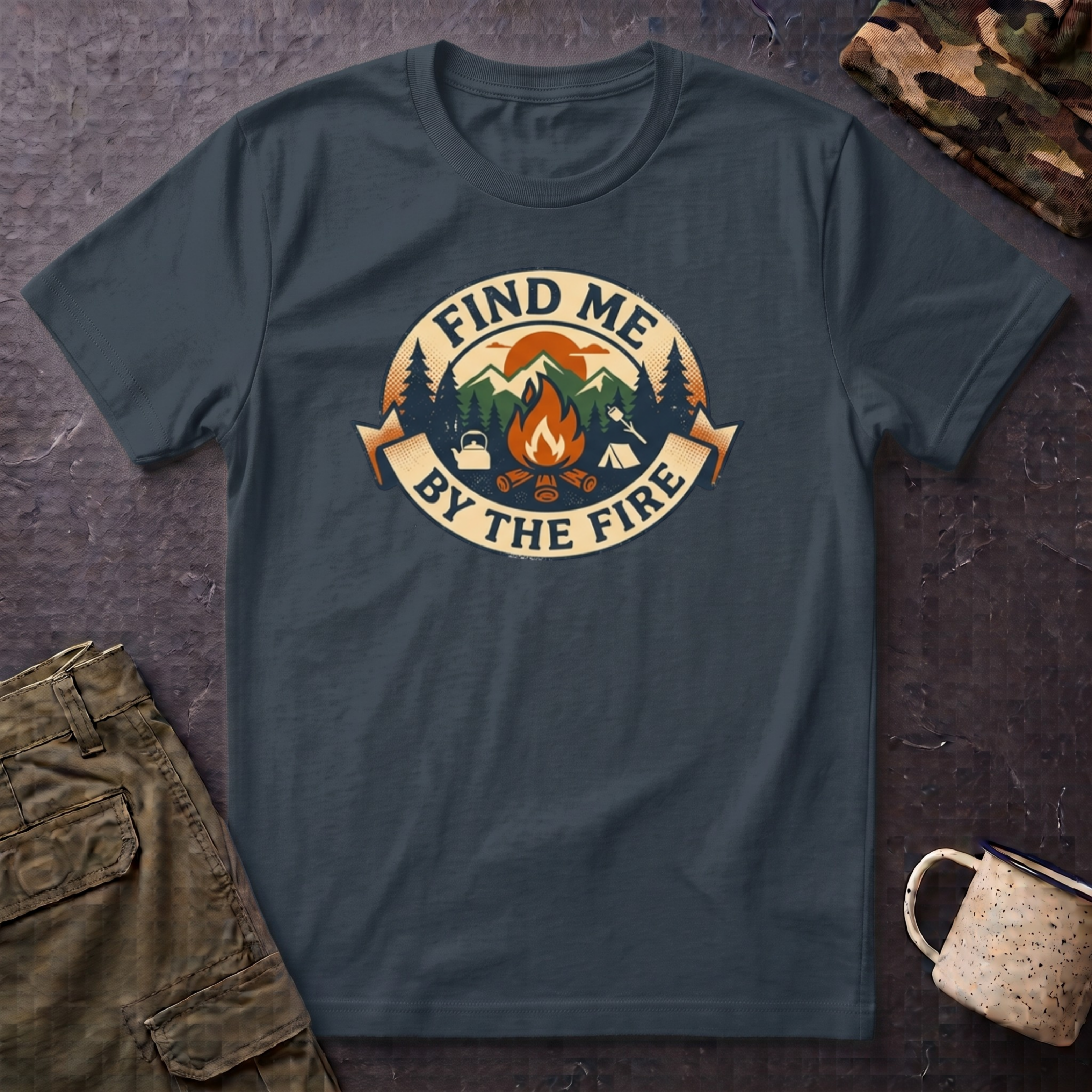 Find Me by the Fire T-Shirt | Campfire Mountains Camping Tee