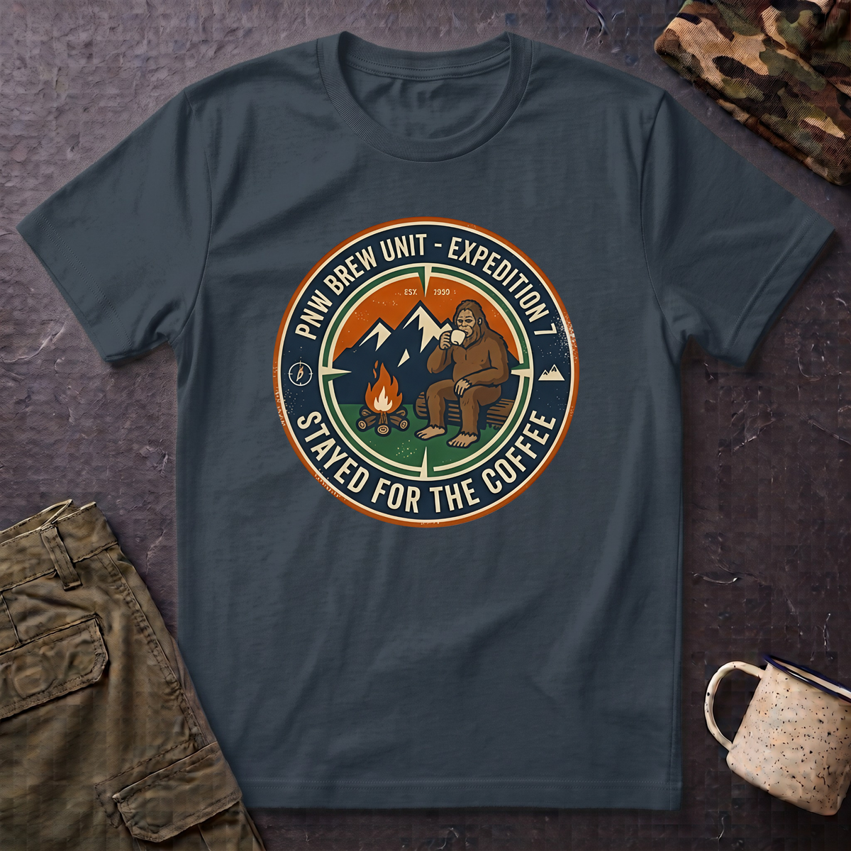 Stayed for the Coffee mountain camping badge T-Shirt | coffee hiking logo