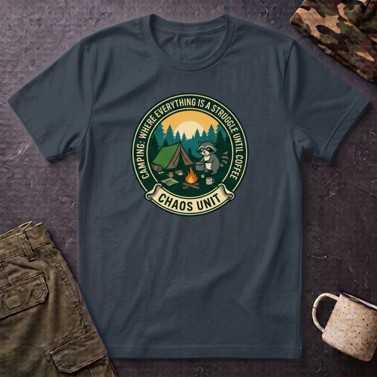 Camping Coffee Bear Chaos Unit T-Shirt | Campfire Woods Graphic