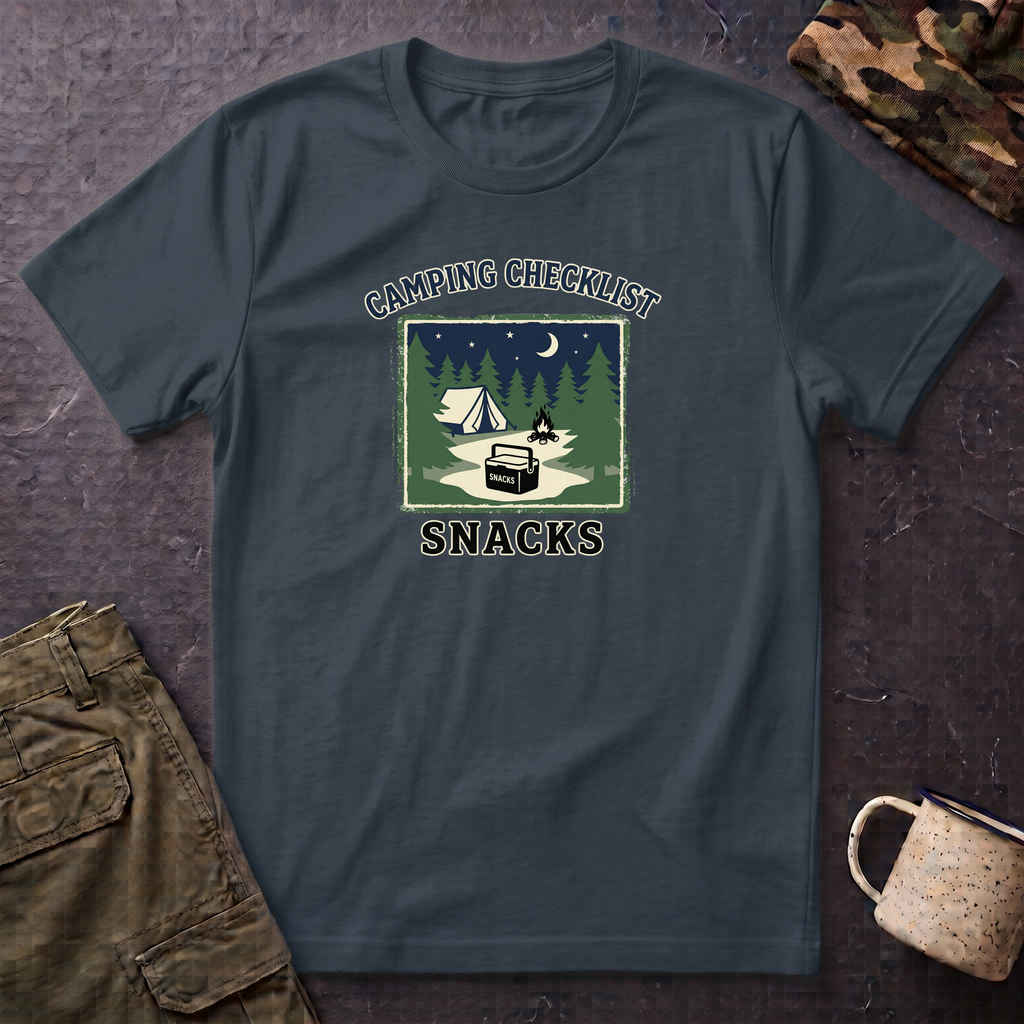Camping Checklist Snacks T-Shirt | Camping Graphic Tee, Tent Campfire Design