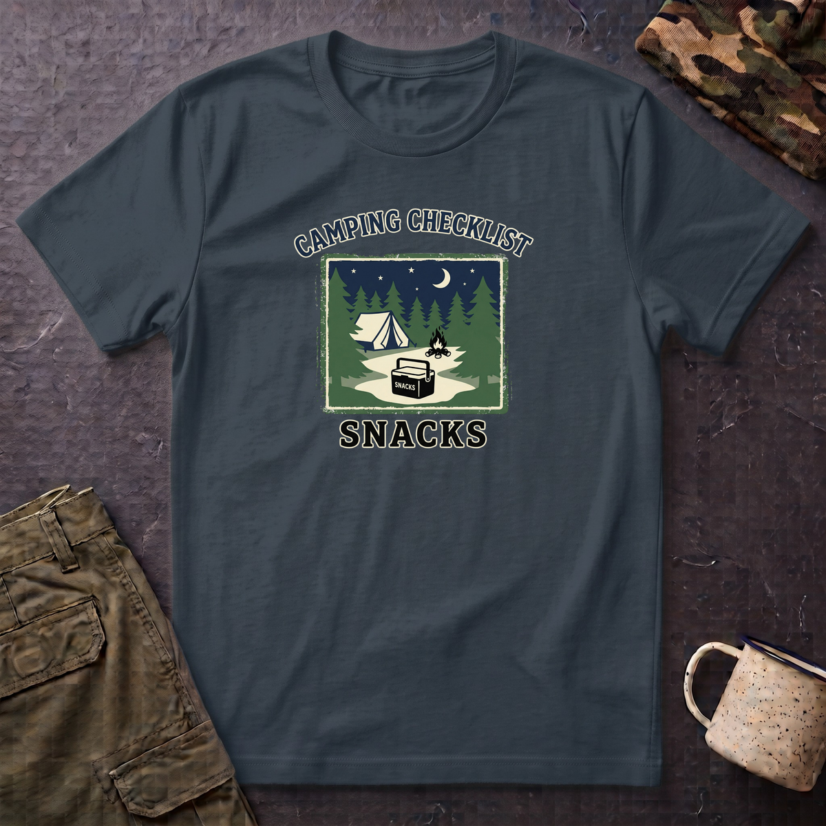 Camping Checklist Snacks T-Shirt | Camping Graphic Tee, Tent Campfire Design