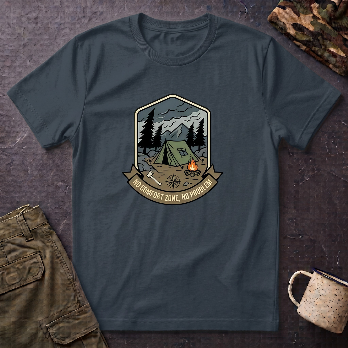 Camping Badge tent and campfire graphic T-Shirt | outdoors hiking adventure emblem