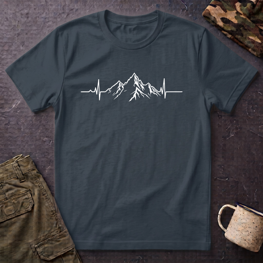 Mountain Heartbeat T-Shirt — Minimalist Mountain ECG Tee for Hikers & Outdoor Lovers