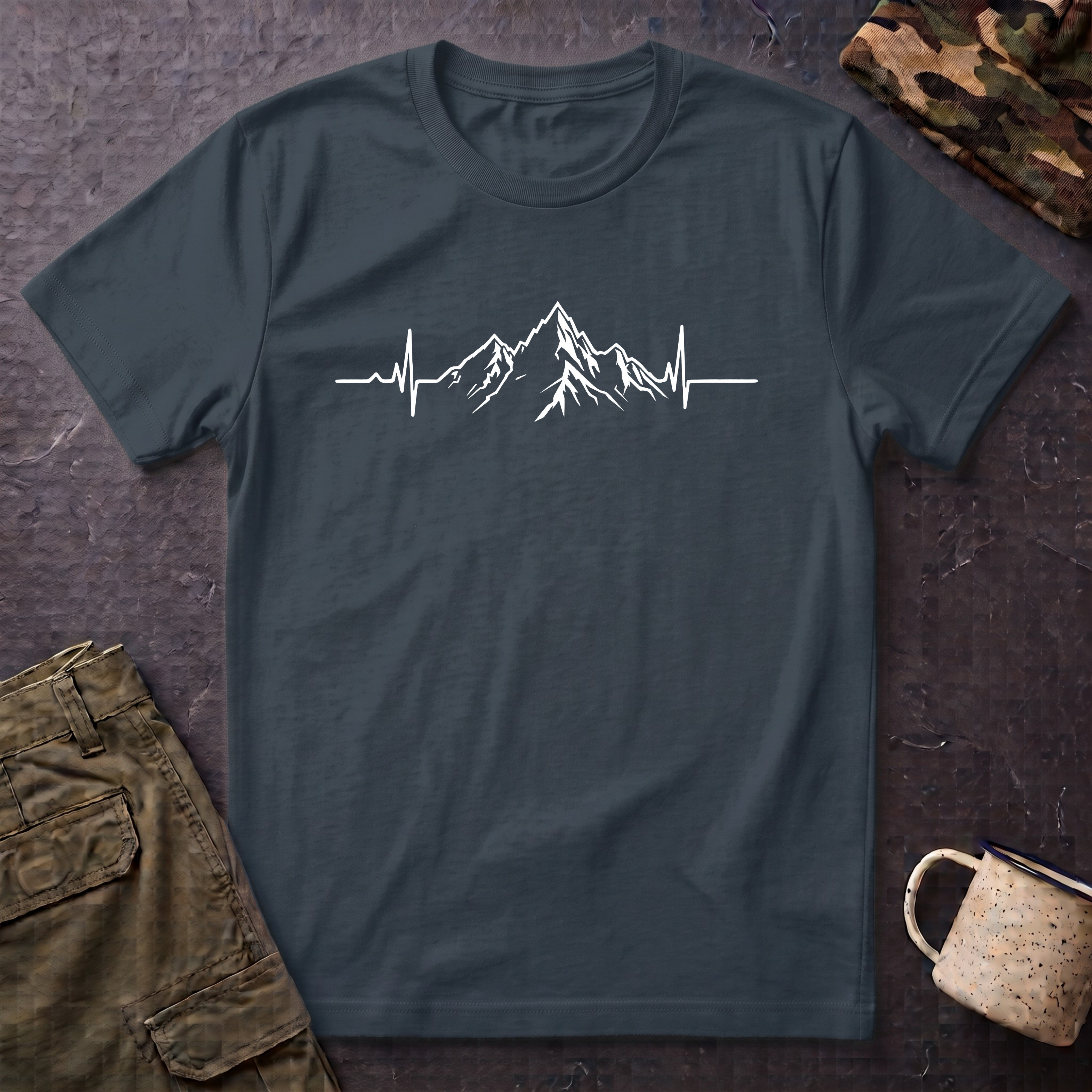Mountain Heartbeat T-Shirt — Minimalist Mountain ECG Tee for Hikers & Outdoor Lovers