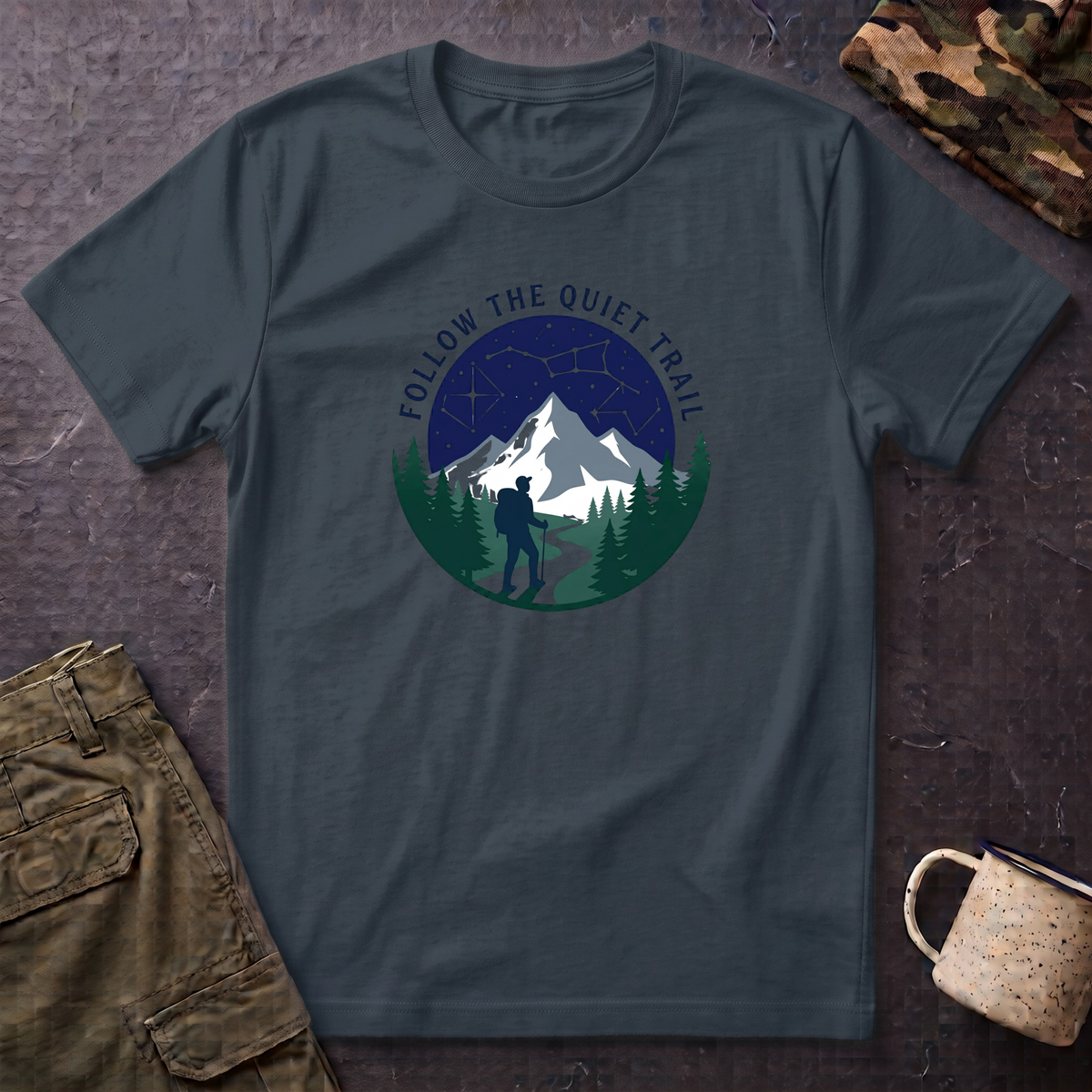 Follow The Quiet Trail Hiking T-Shirt | Mountain Night Sky