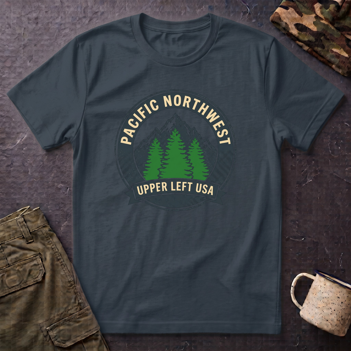 Pacific Northwest Mountain Pines T-Shirt | Upper Left USA graphic