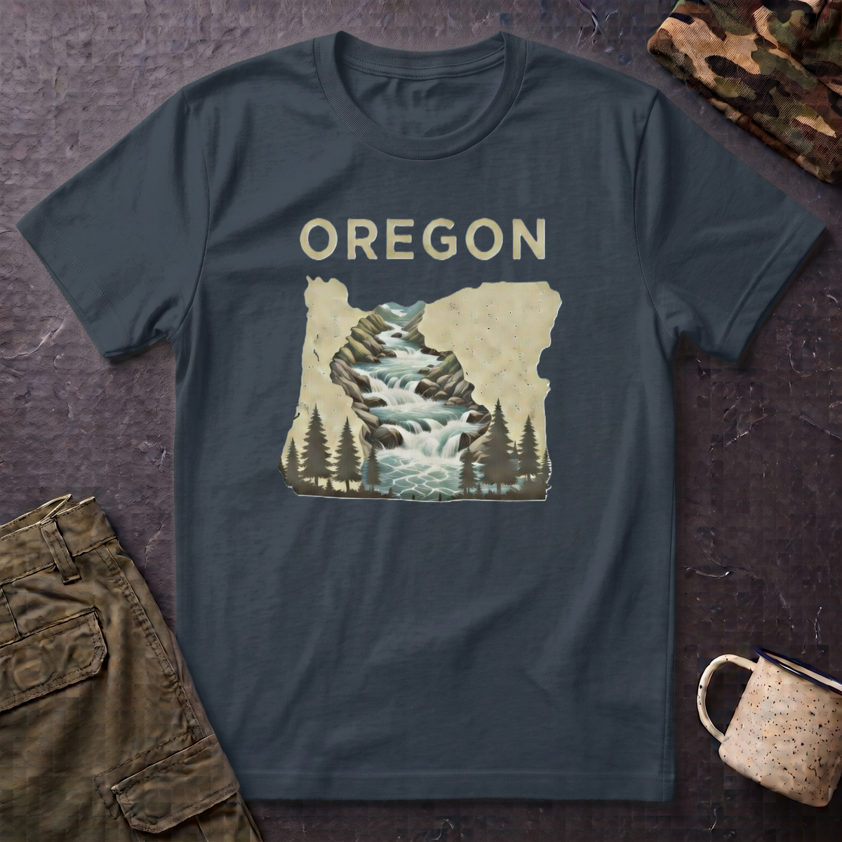 Oregon waterfall state map T-Shirt | River, Pines, Nature