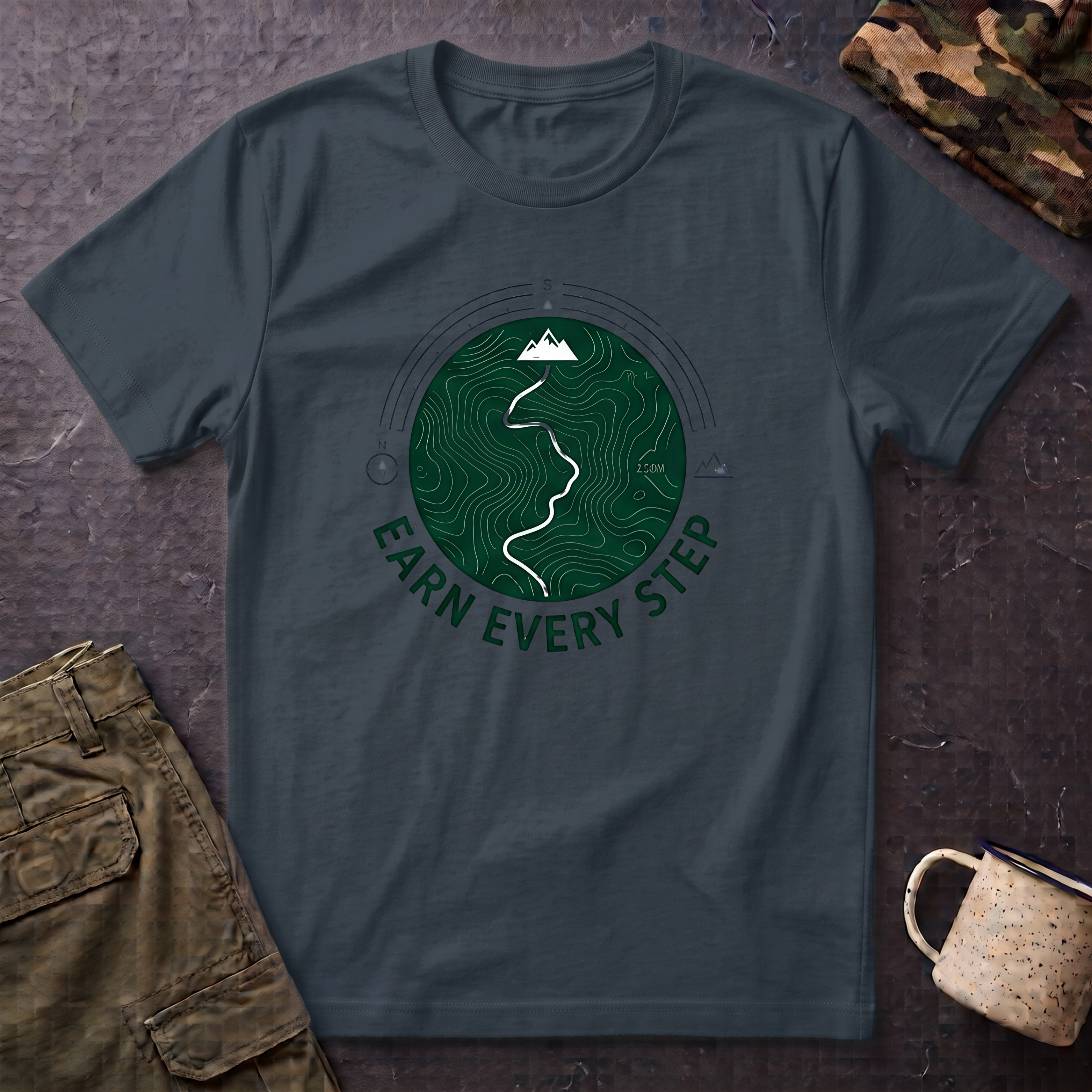 Earn Every Step T-Shirt | Hiking Mountain Trail Graphic