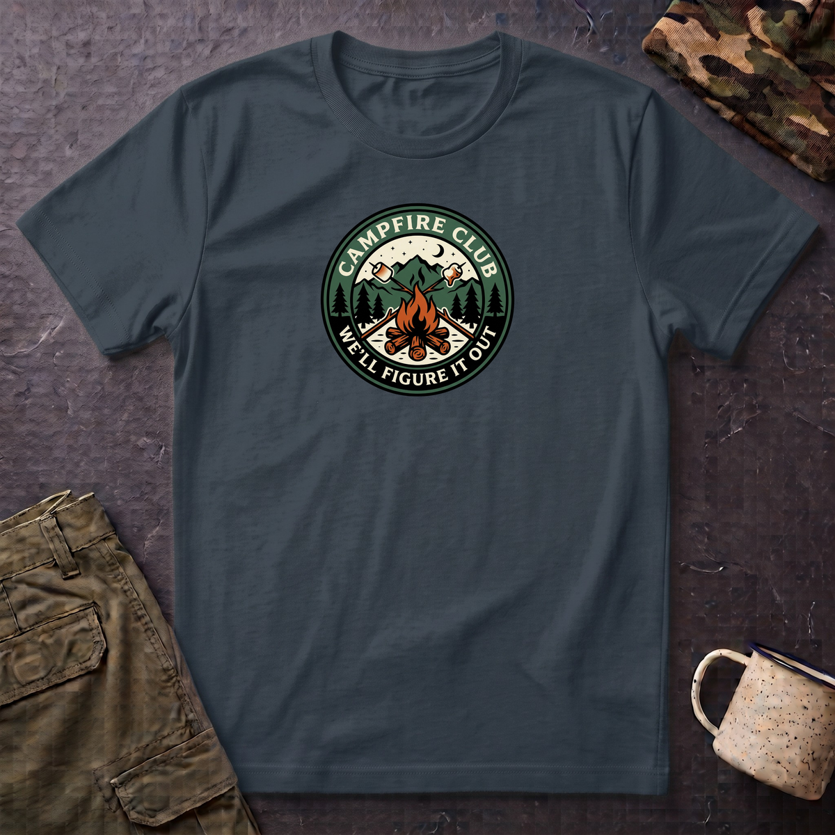 Campfire Club Patch design T-Shirt | Mountain Camping Logo Tee