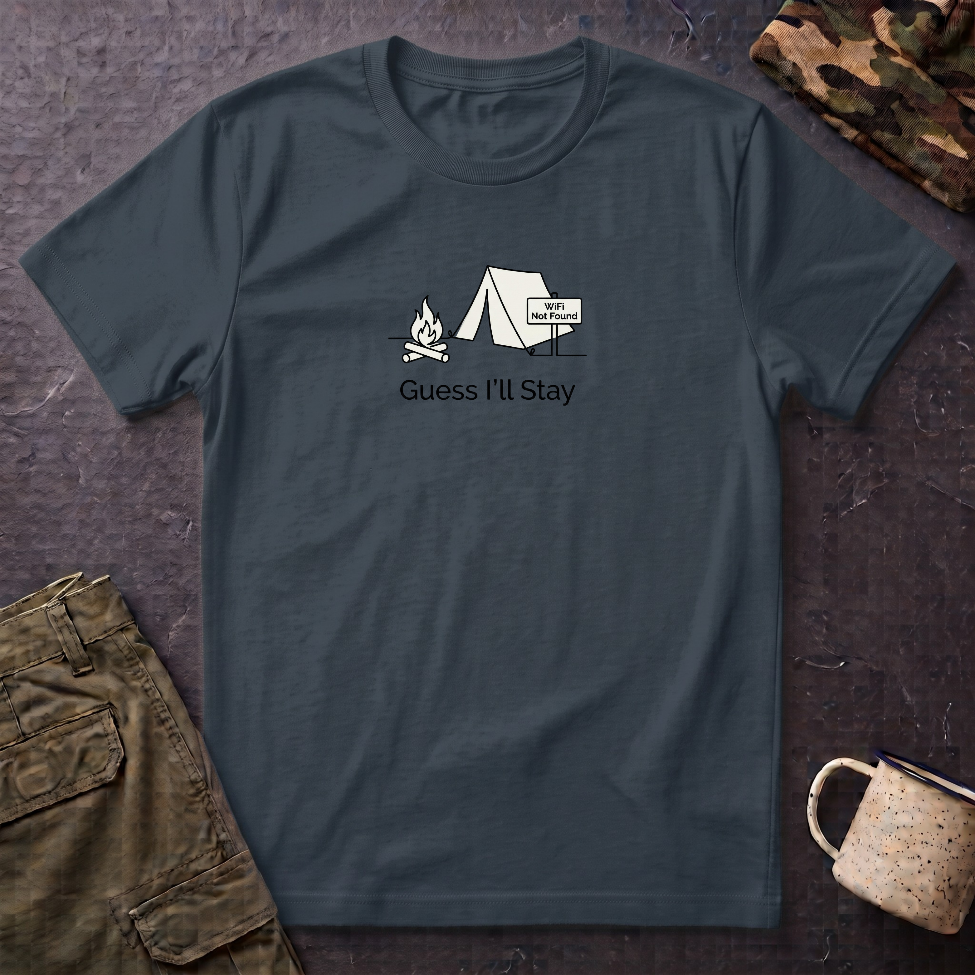 Guess Ill Stay camping tee | Tent and campfire graphic T-Shirt