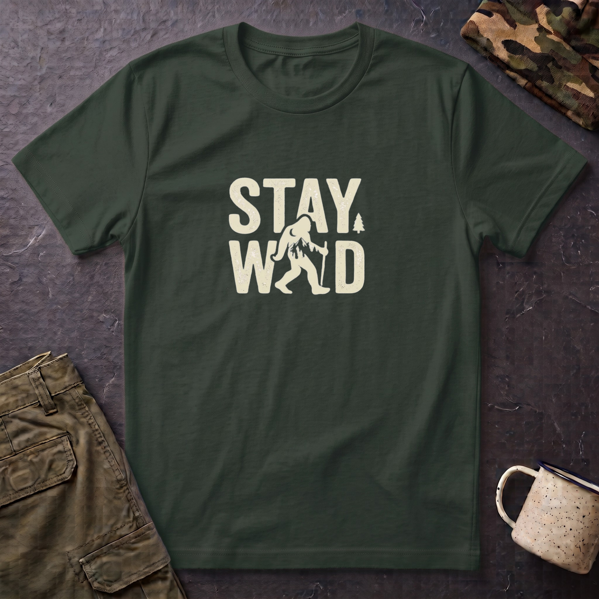 Stay Wild Bigfoot T-Shirt | Sasquatch Retro Typography Tee