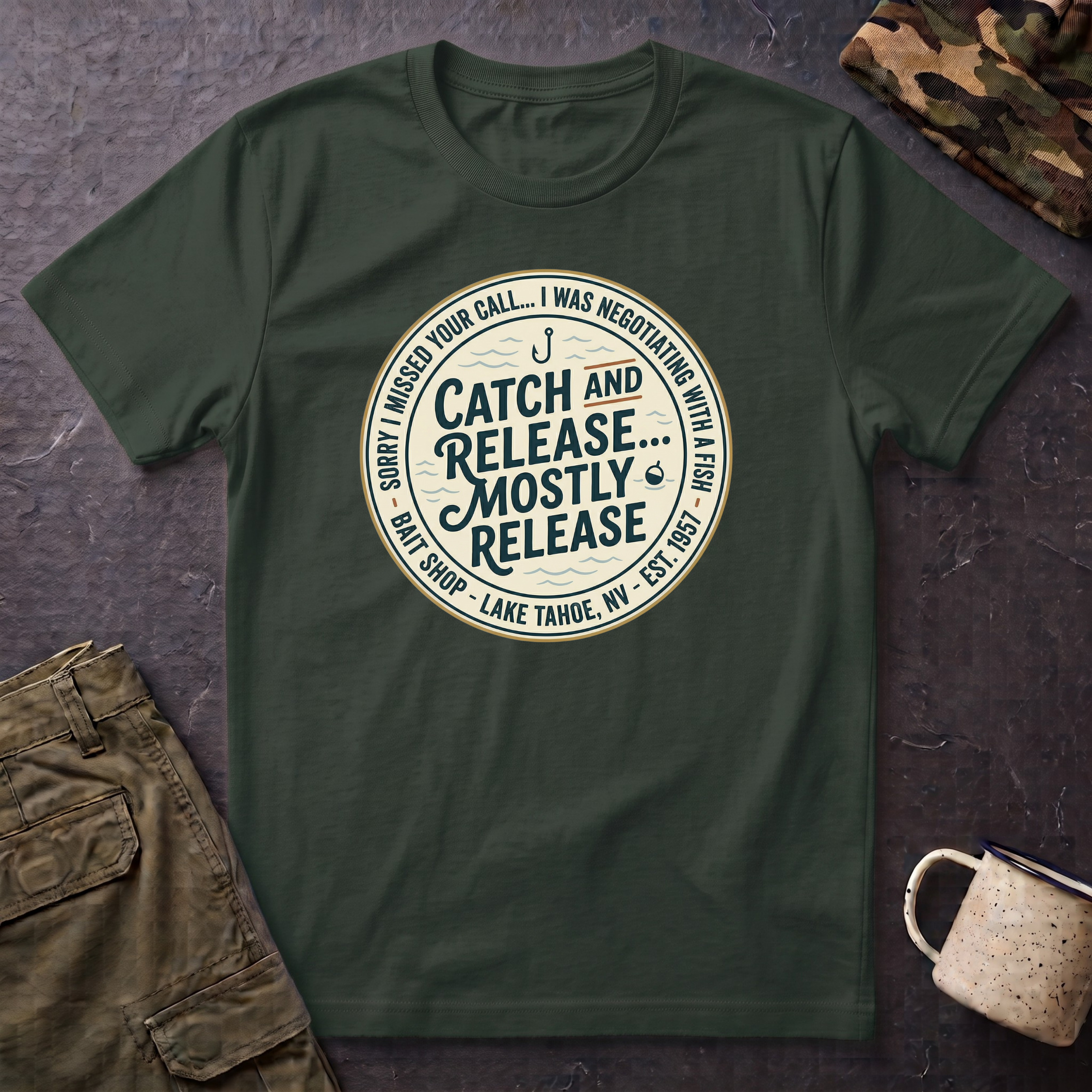 Catch and Release Mostly Release T-Shirt | Fishing Lake Tahoe Badge