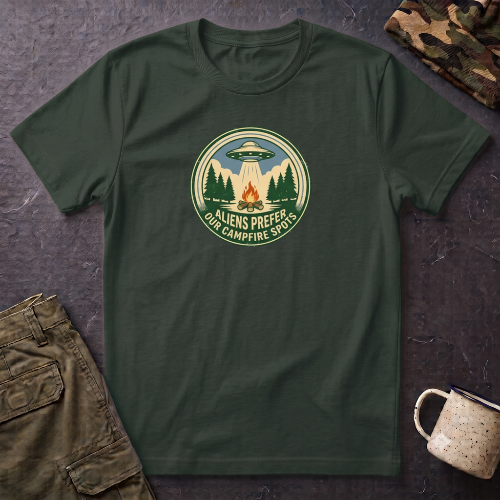 Aliens Prefer Our Campfire Spots T-Shirt | UFO Camping Badge Graphic