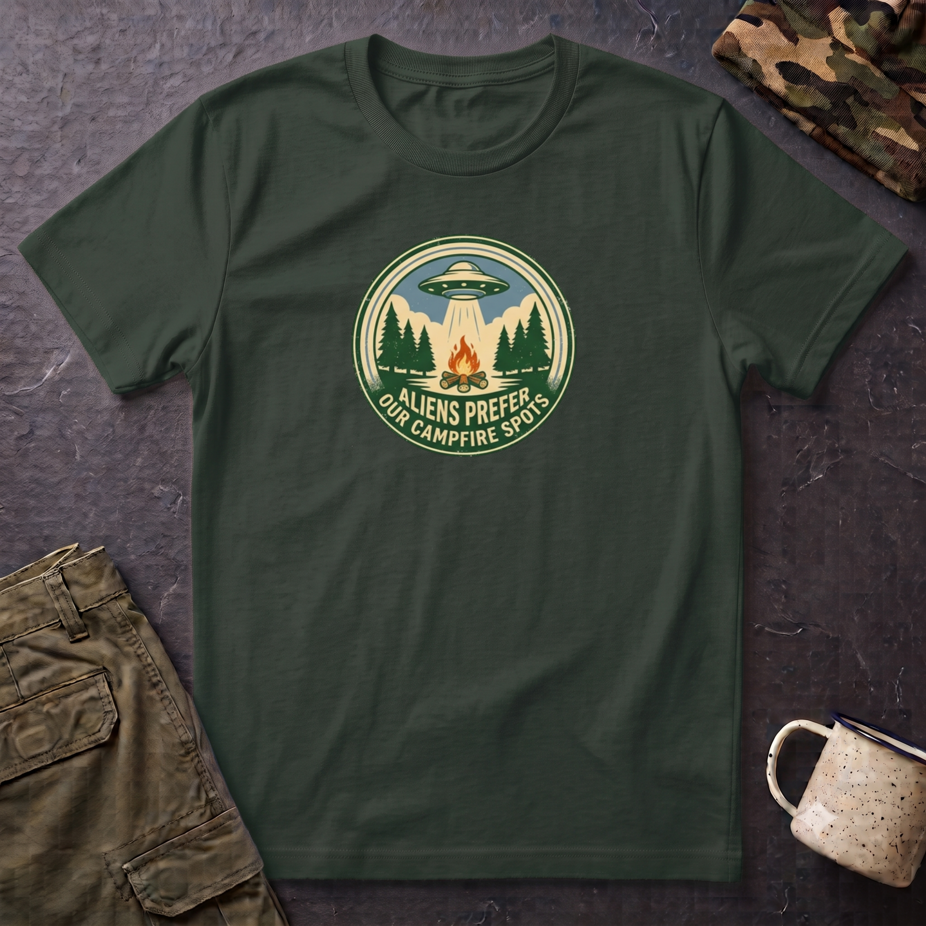 Aliens Prefer Our Campfire Spots T-Shirt | UFO Camping Badge Graphic