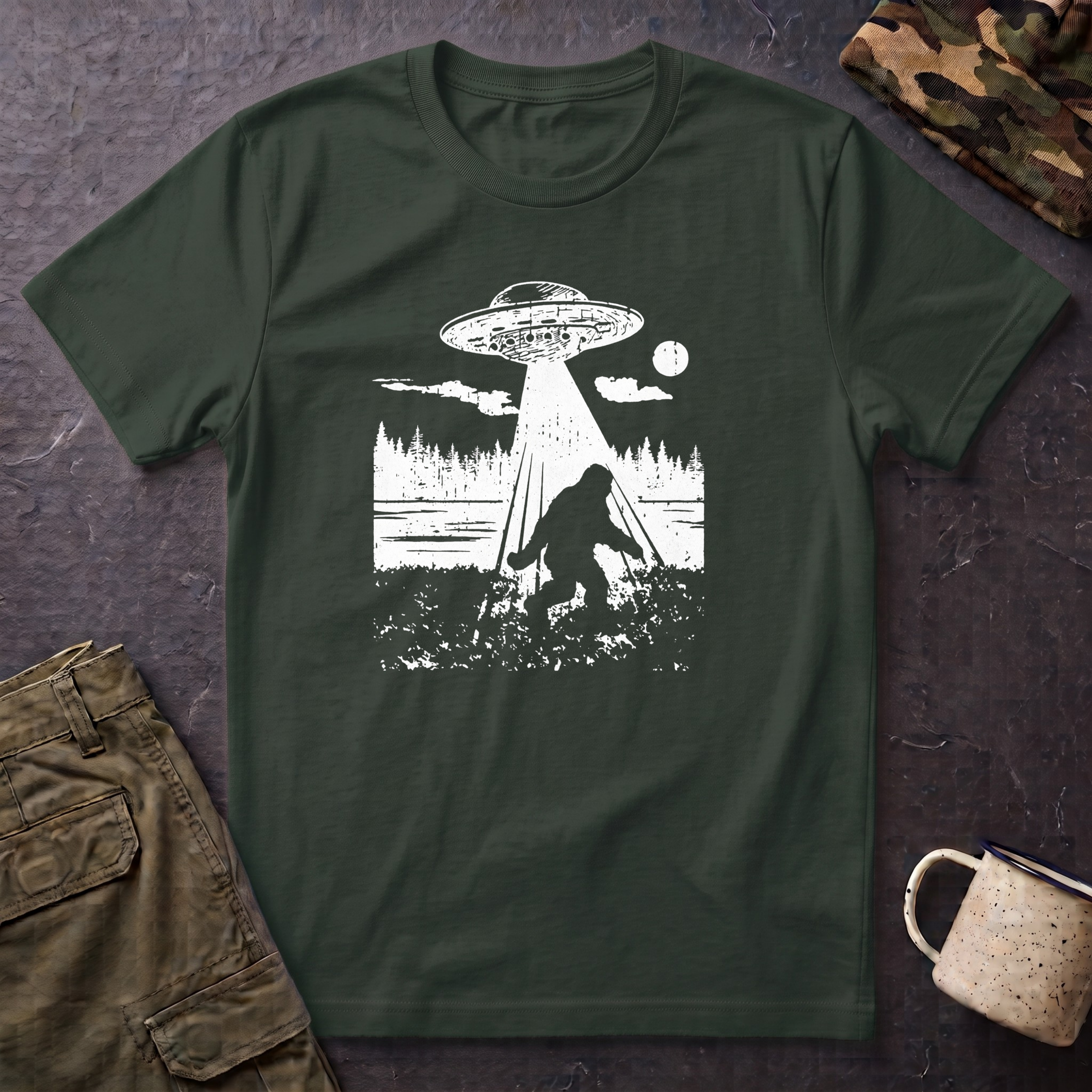 Alien Abduction T-Shirt — Bigfoot UFO Woodland Graphic Tee