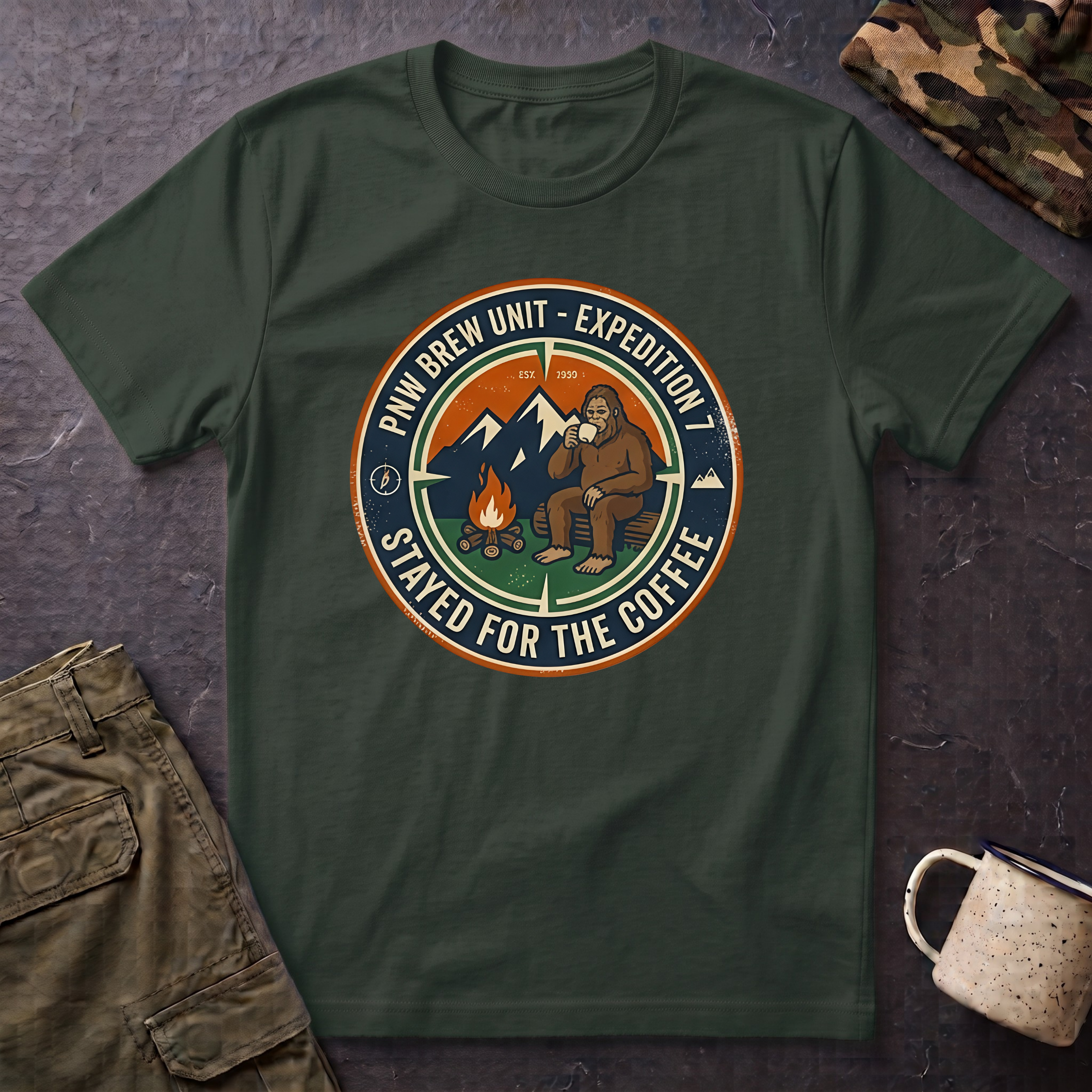 Stayed for the Coffee mountain camping badge T-Shirt | coffee hiking logo