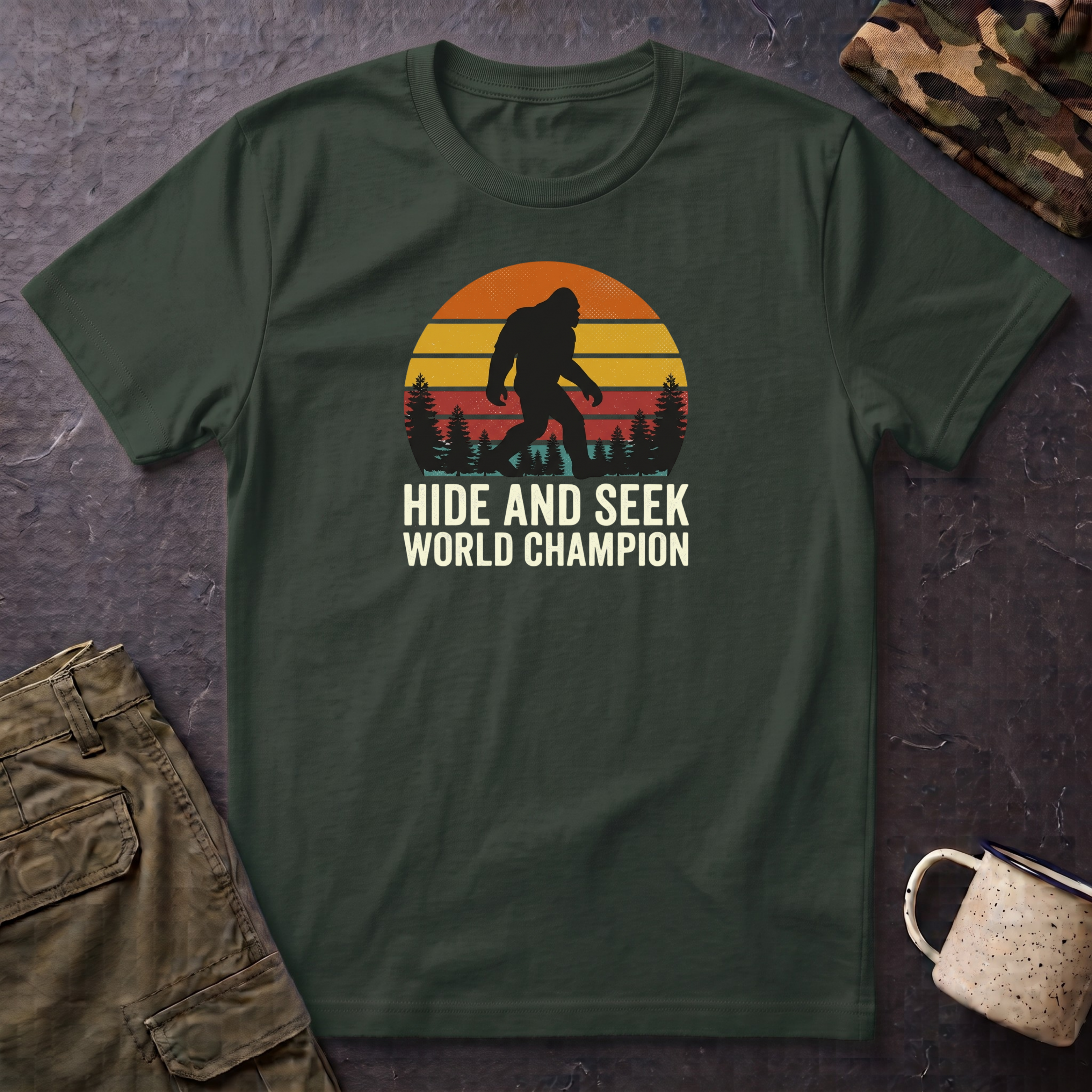 Bigfoot Silhouette Sunset T-Shirt | Retro Sasquatch Design