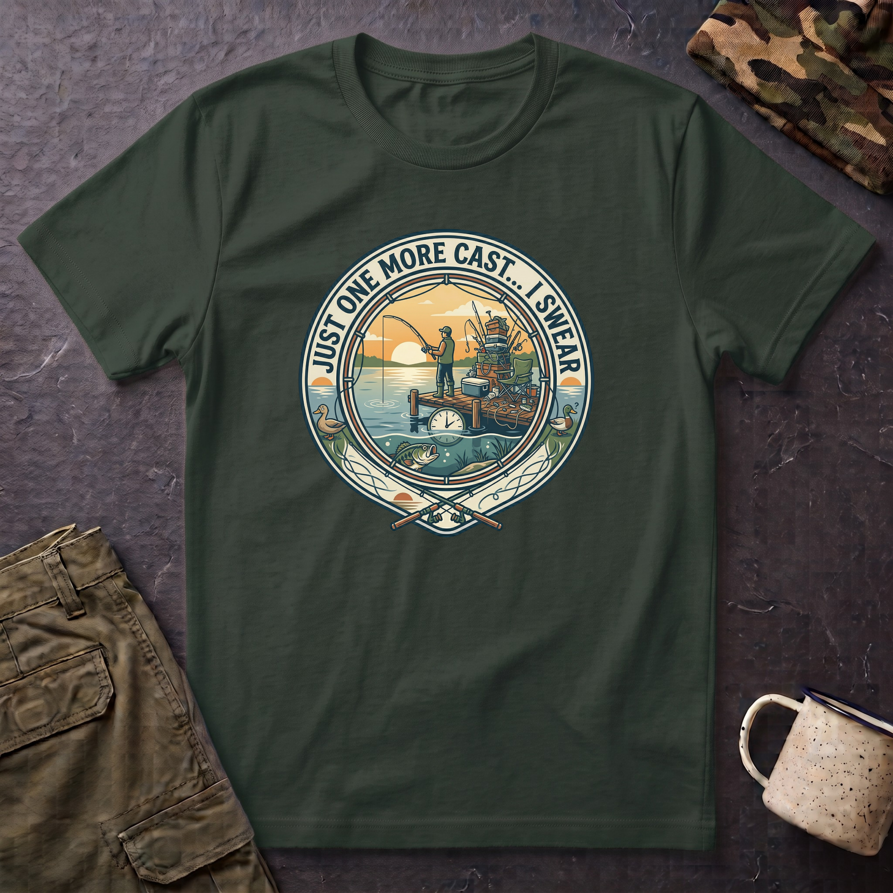 Just One More Cast Fishing T-Shirt | Retro Sunset Angler Design