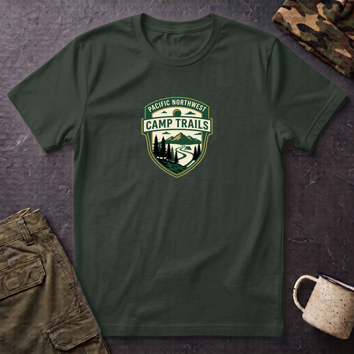 Camp Trails badge T-Shirt | Mountain camping logo, forest trail emblem