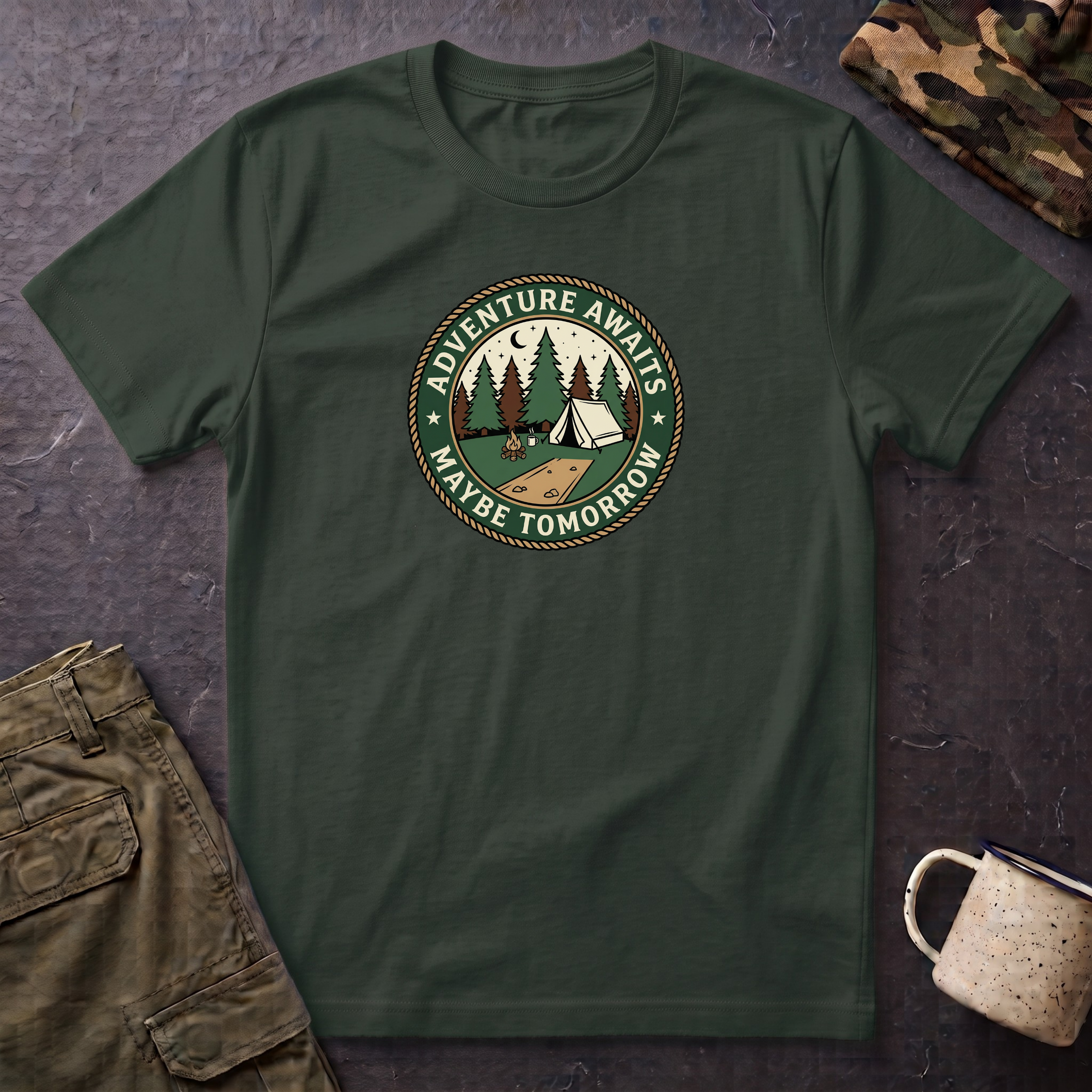 Adventure Awaits Maybe Tomorrow T-Shirt | Camping Patch Graphic