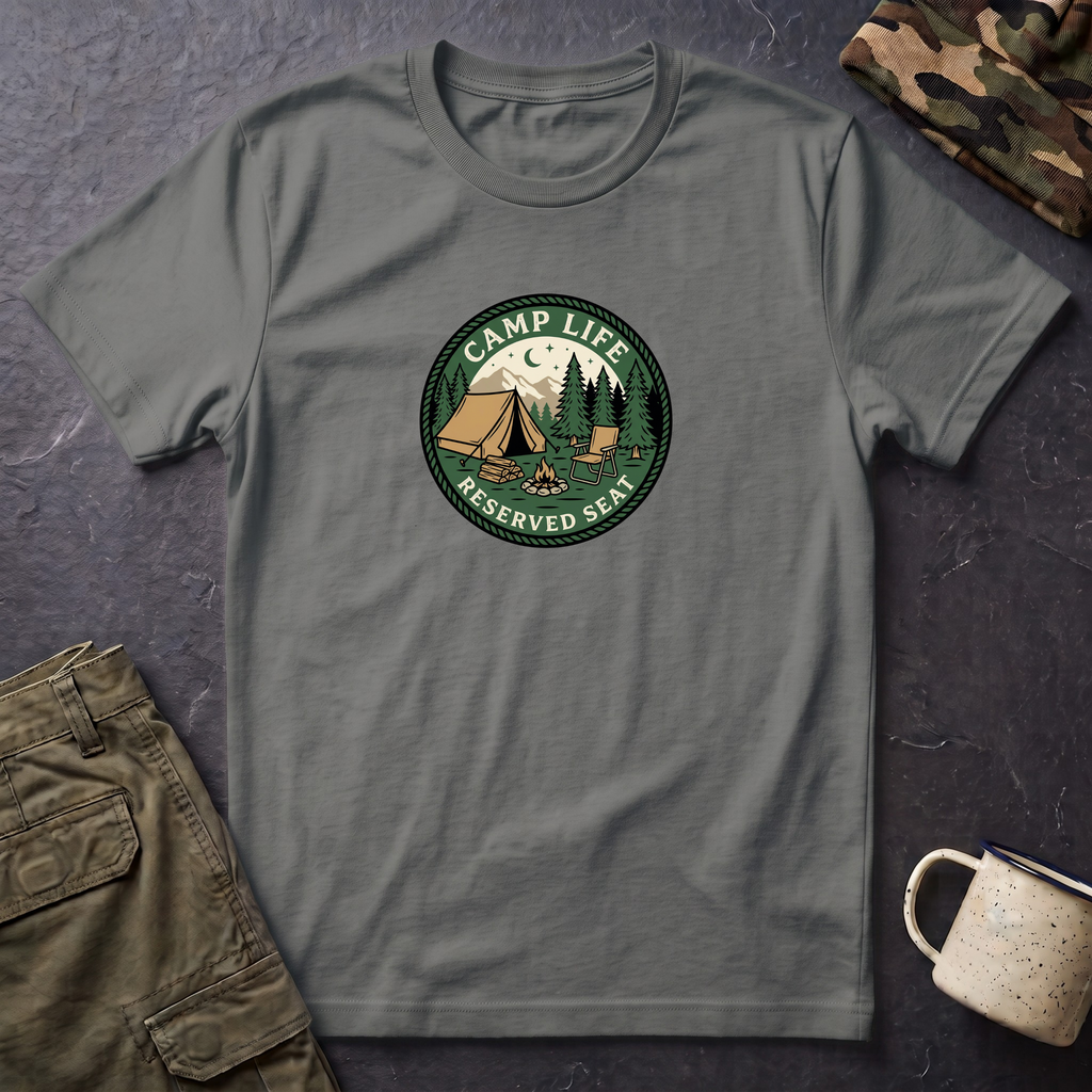 Camp Life Tent and Trees T-Shirt | Retro Outdoors Camper Badge