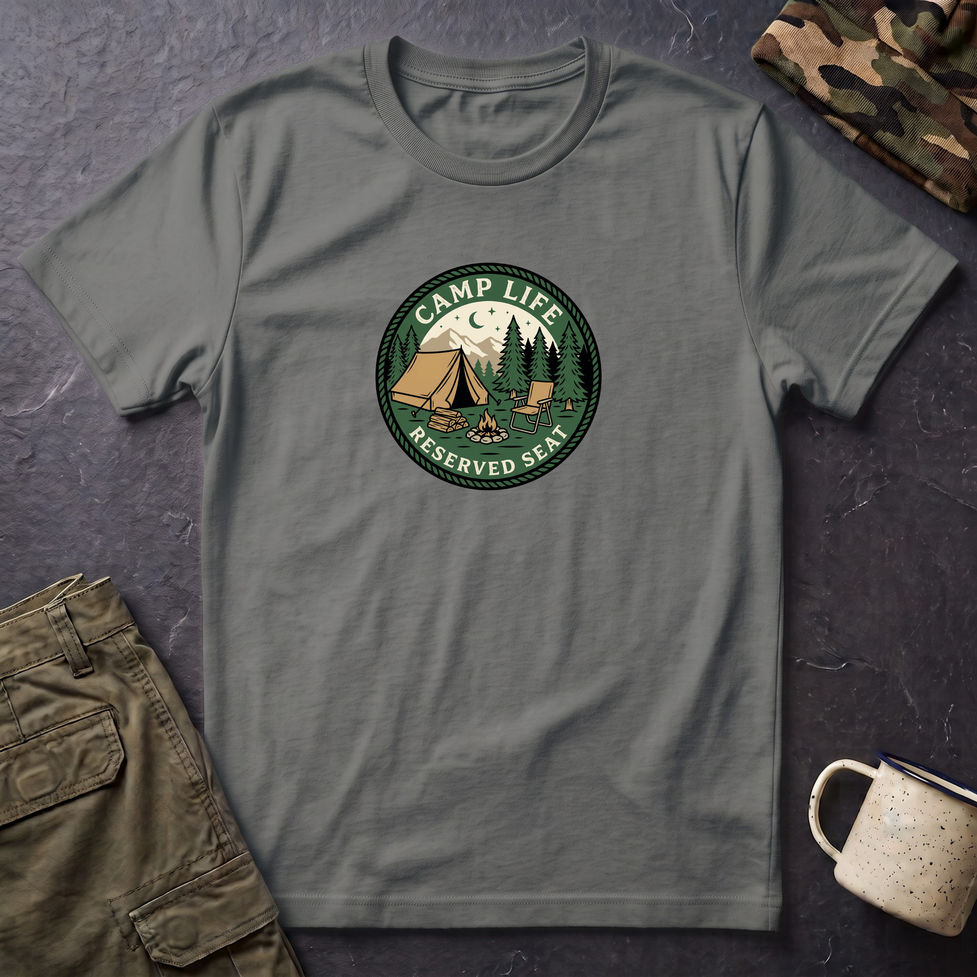 Camp Life Tent and Trees T-Shirt | Retro Outdoors Camper Badge