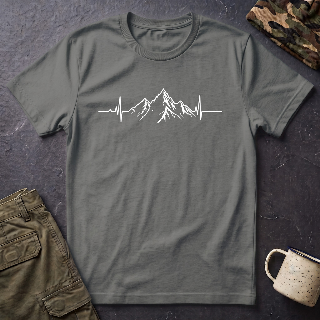 Mountain Heartbeat T-Shirt — Minimalist Mountain ECG Tee for Hikers & Outdoor Lovers