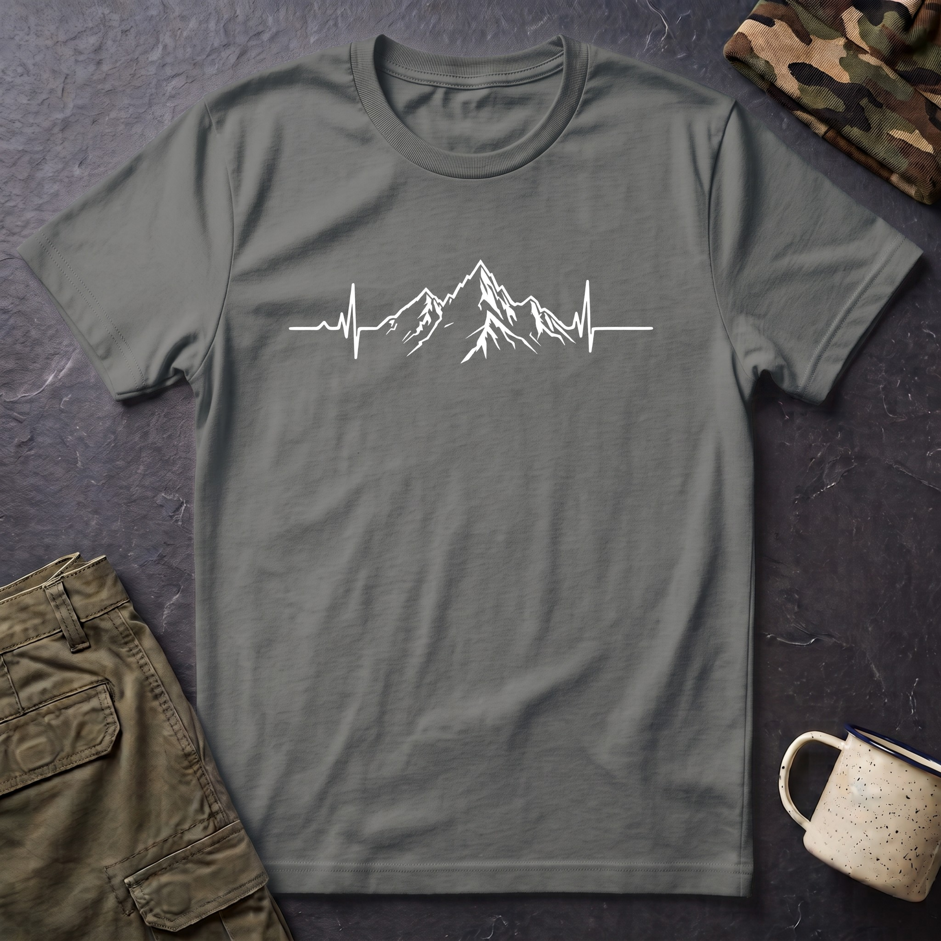 Mountain Heartbeat T-Shirt — Minimalist Mountain ECG Tee for Hikers & Outdoor Lovers