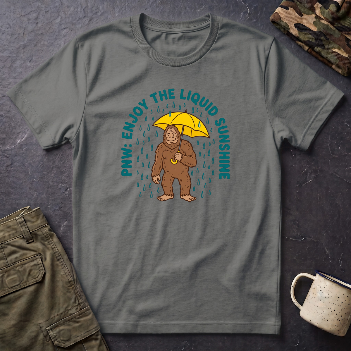 PNW Enjoy the Liquid Sunshine Bigfoot T-Shirt | Rain Umbrella Illustration