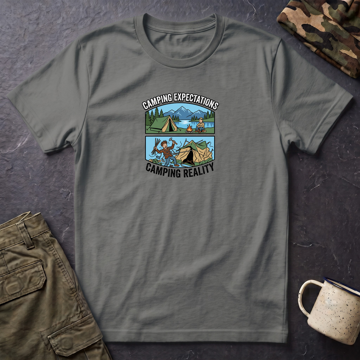 Camping Reality T-Shirt | Scenic Tent, Lake, Mountains Outdoor Adventure