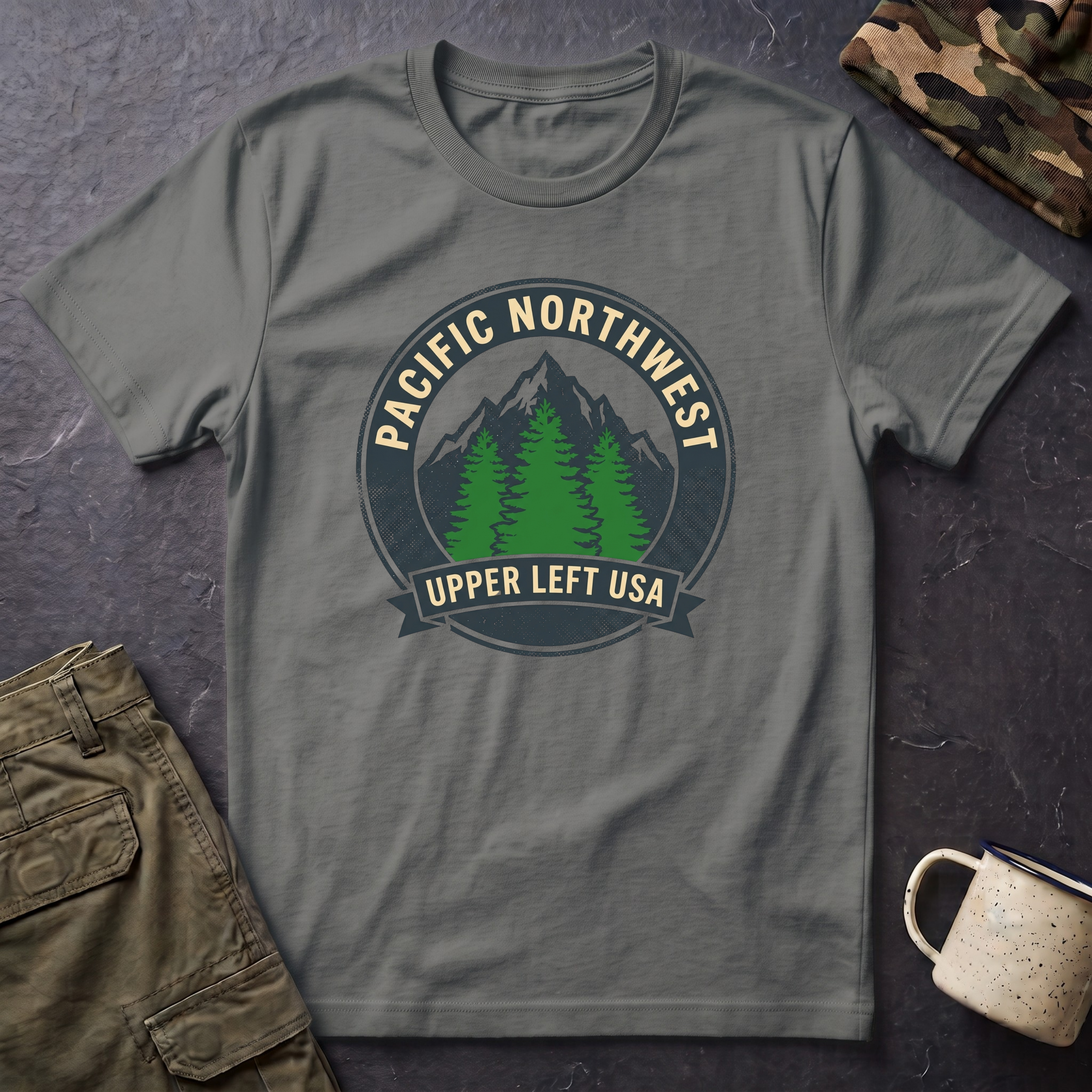 Pacific Northwest Mountain Pines T-Shirt | Upper Left USA graphic