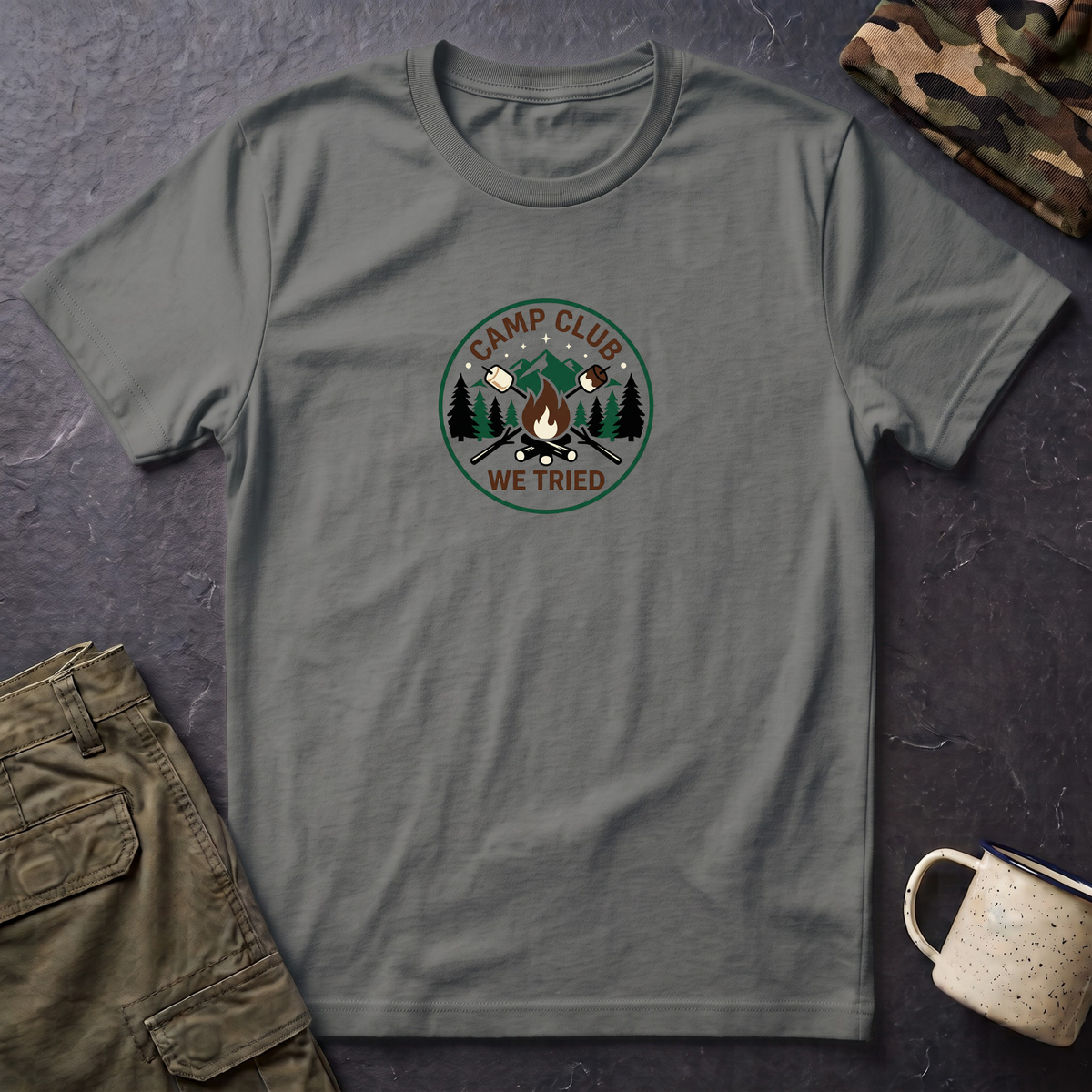 Camp Club We Tried T-Shirt | Camping Badge, Mountains & Pine Trees