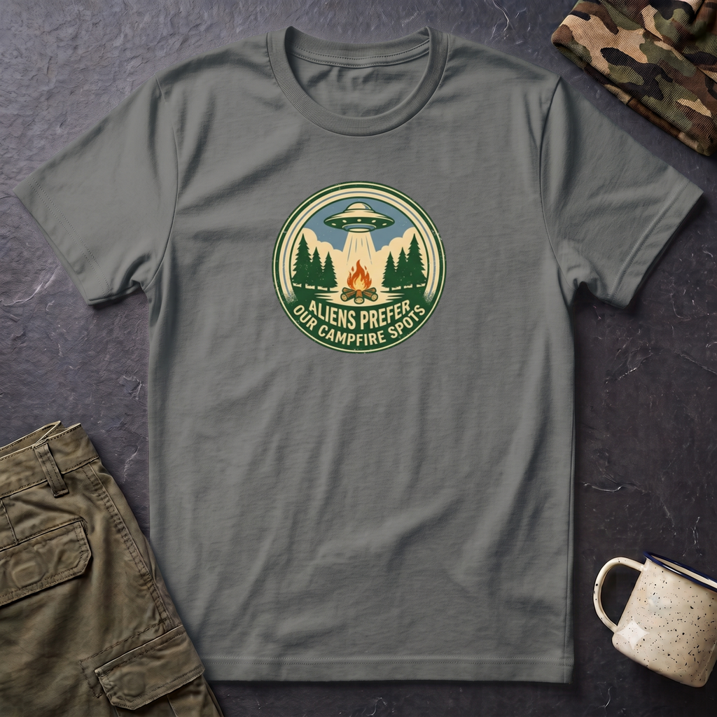 Aliens Prefer Our Campfire Spots T-Shirt | UFO Camping Badge Graphic