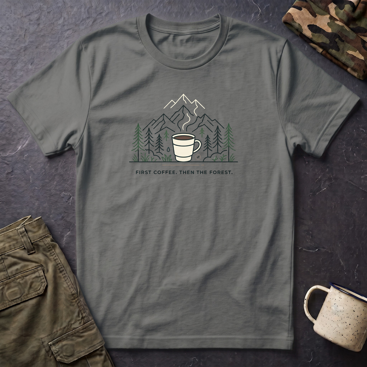 Coffee Cup in Pines T-Shirt | mountain camp mug, minimalist outdoors design