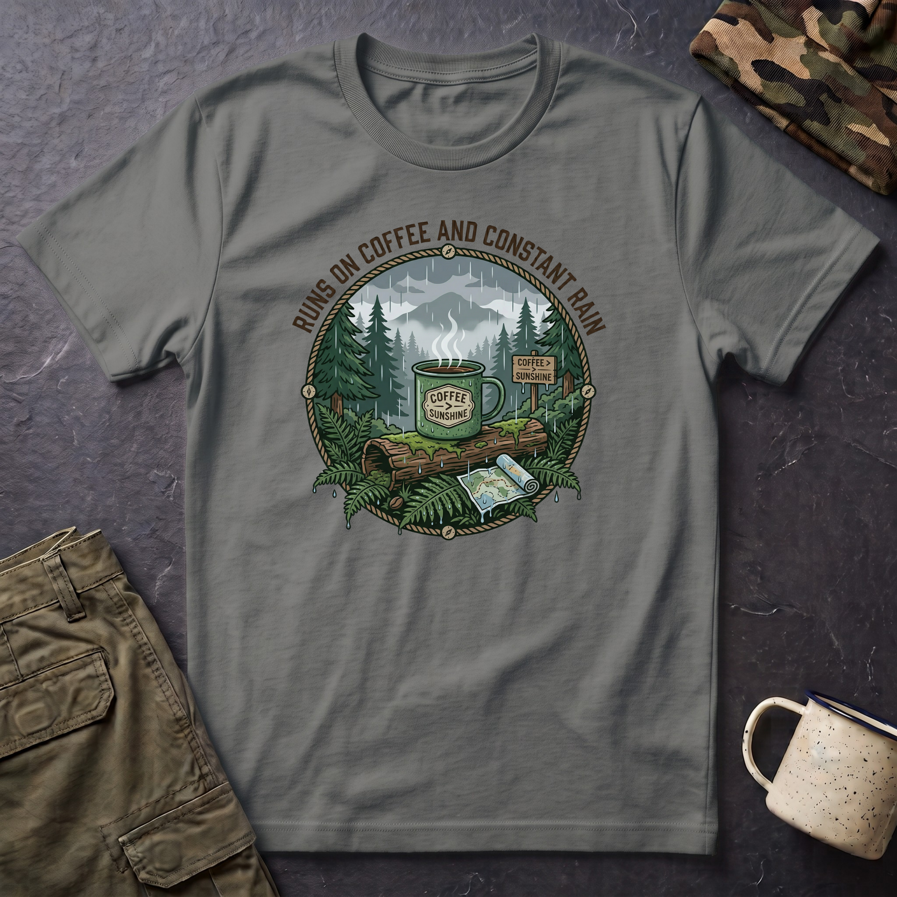 Cozy Camping Coffee Scene T-Shirt | Mountain Mug, Rainy Forest Illustration