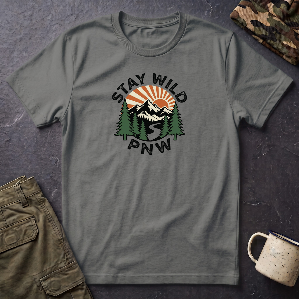 Stay Wild PNW T-Shirt | Mountain Sunset, Pine Trees, River Road