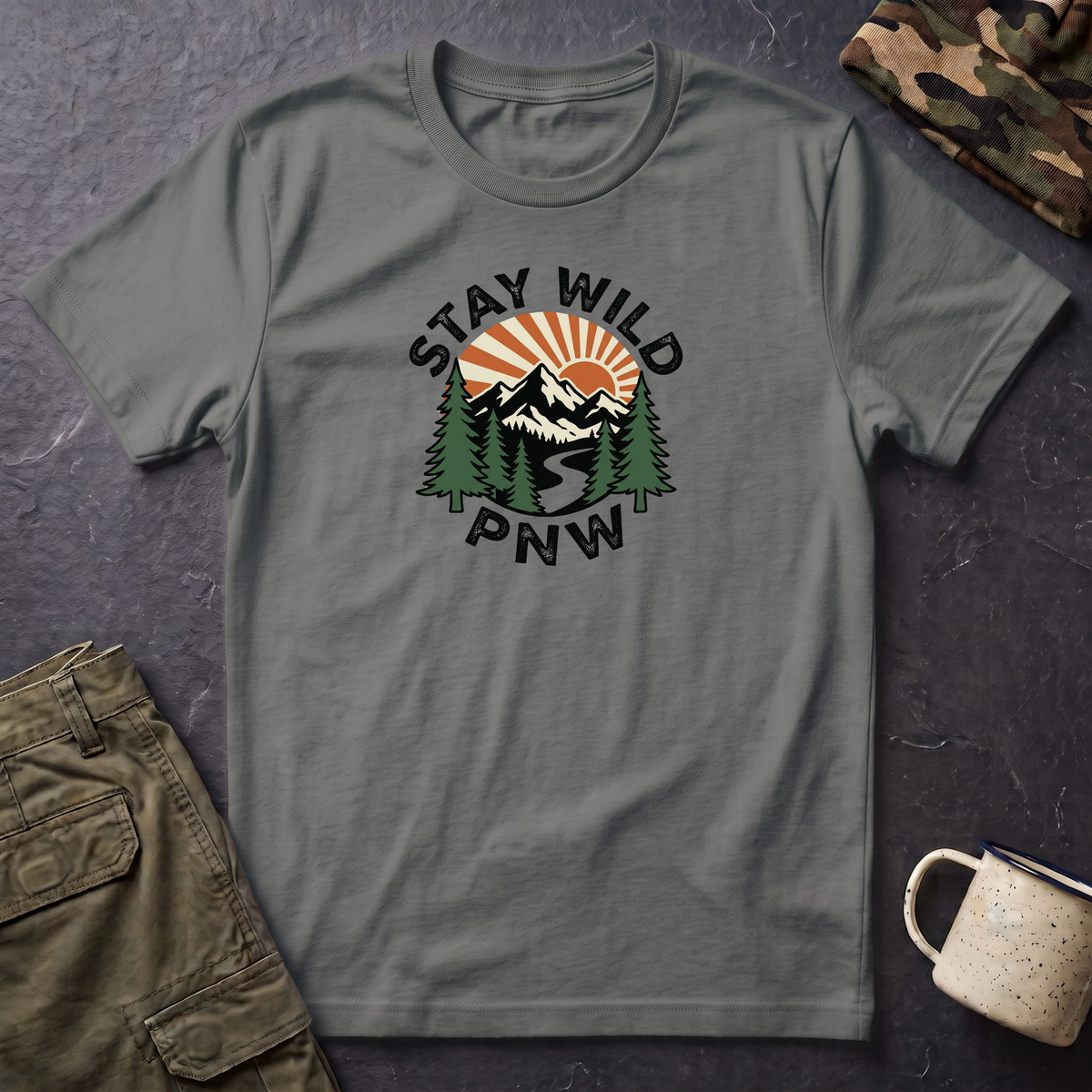Stay Wild PNW T-Shirt | Mountain Sunset, Pine Trees, River Road