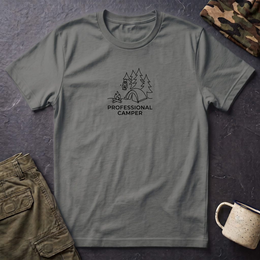 Professional Camper T-Shirt | Minimal Line Art Camping Design