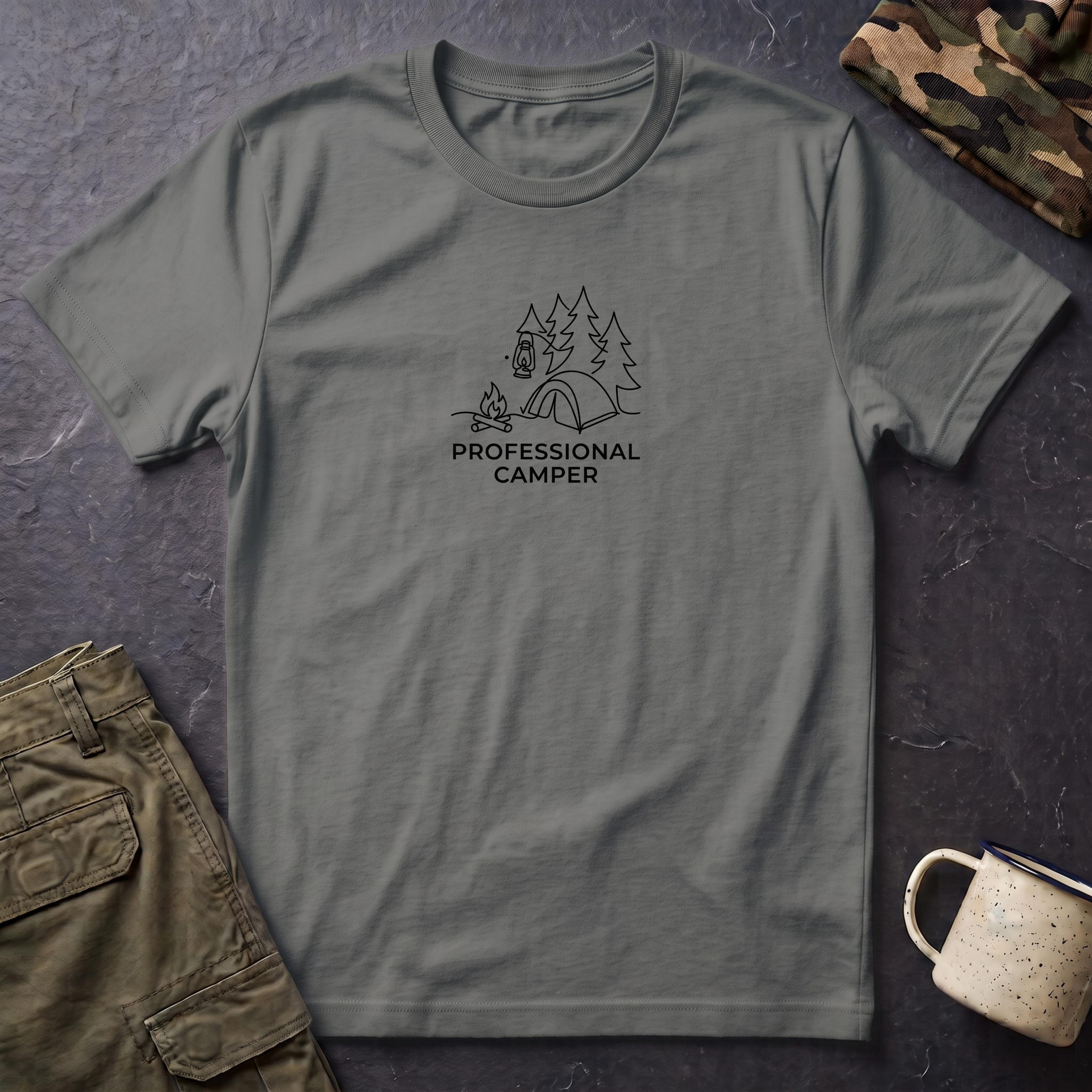 Professional Camper T-Shirt | Minimal Line Art Camping Design