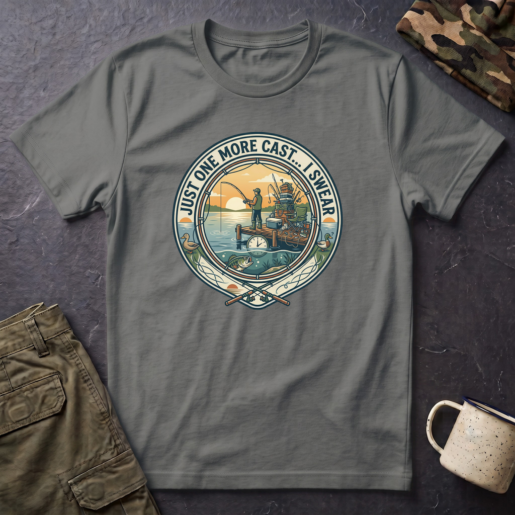 Just One More Cast Fishing T-Shirt | Retro Sunset Angler Design