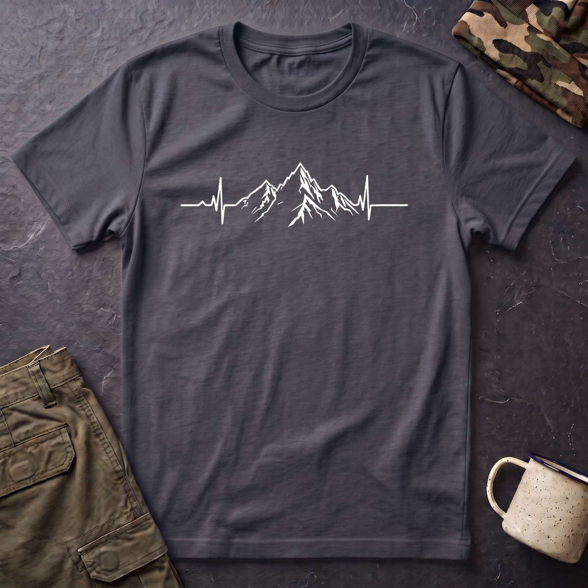 Mountain Heartbeat T-Shirt — Minimalist Mountain ECG Tee for Hikers & Outdoor Lovers