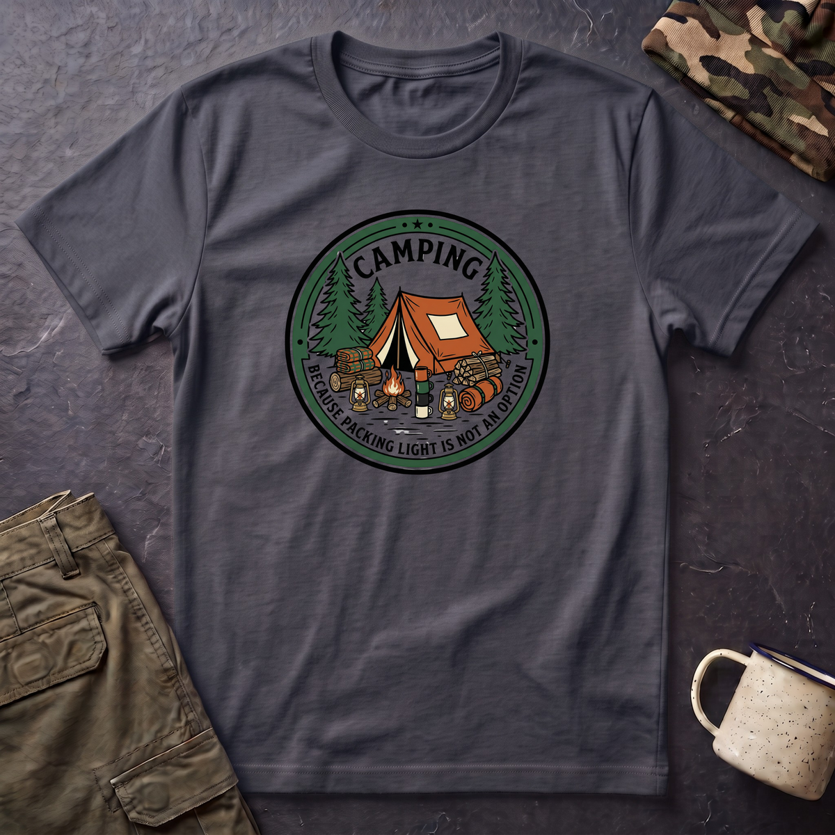 Camping Campfire Tent Graphic T-Shirt | Outdoor Adventure Cabin Design
