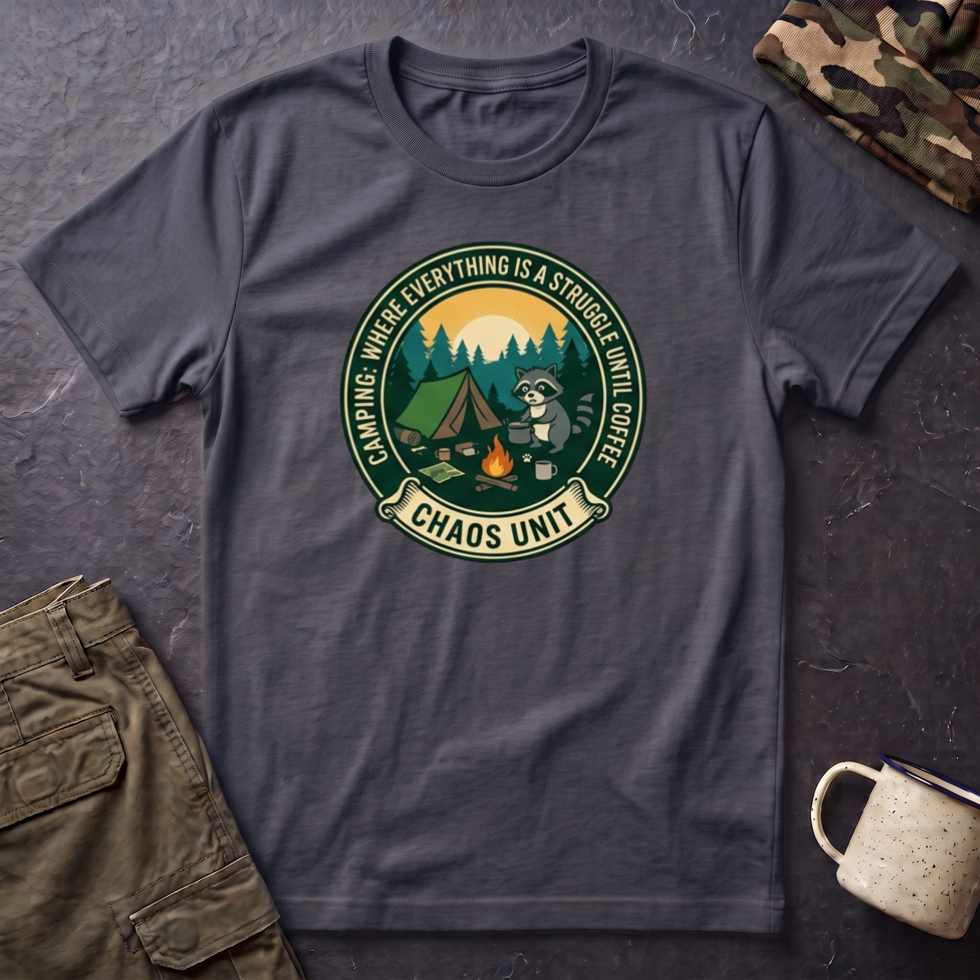 Camping Coffee Bear Chaos Unit T-Shirt | Campfire Woods Graphic